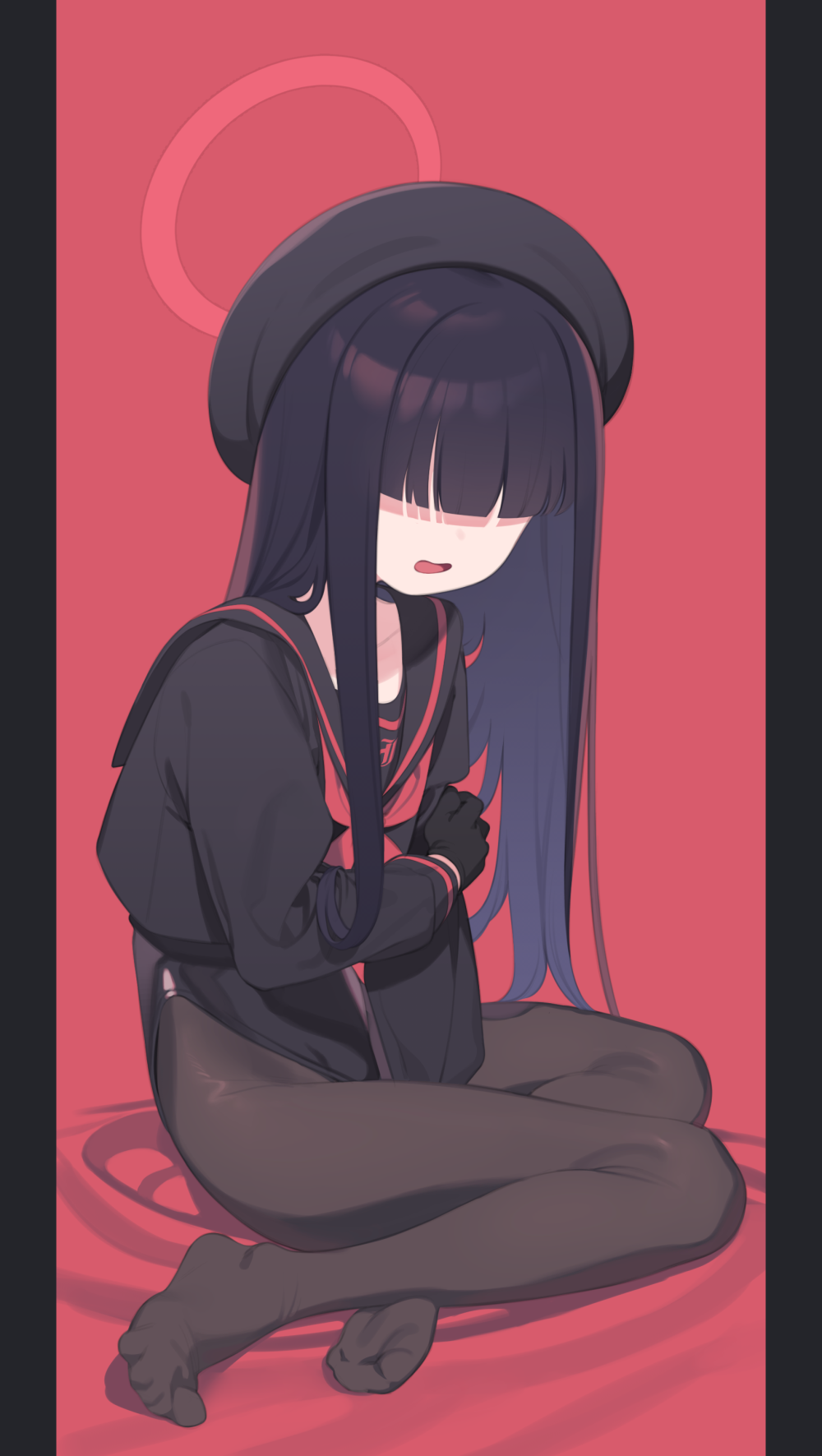 1girl alternate_costume beret black_border black_gloves black_hair black_hat black_pantyhose black_sailor_collar black_serafuku blue_archive blunt_bangs border extra faceless faceless_female feet full_body gloves halo hat highres hime_cut justice_task_force_member_(blue_archive) kaniman legs leotard long_hair long_sleeves neckerchief no_eyes no_shoes open_mouth pantyhose pillarboxed red_background red_neckerchief sailor_collar school_uniform serafuku sitting solo spread_toes straight_hair toe_scrunch toes very_long_hair yokozuwari