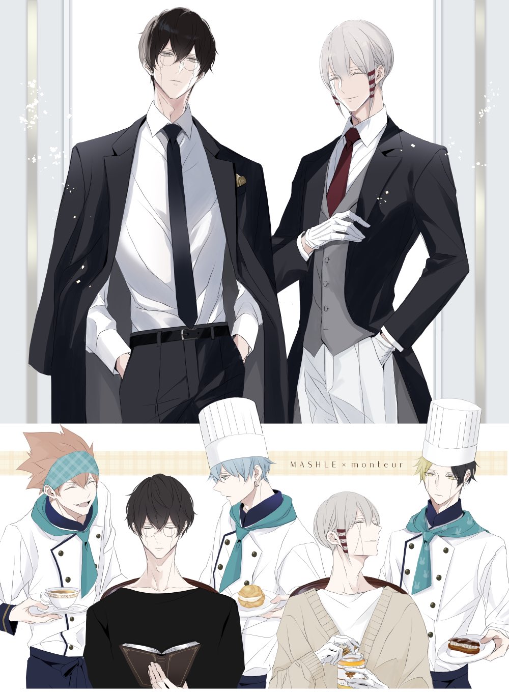 5boys belt black_belt black_hair black_necktie book cake cake_slice chef chef_hat collared_shirt cream_puff cup daut_barret facial_mark food formal_clothes glasses gloves grey_hair grey_vest hat headband highres holding holding_plate kaldo_gehenna lance_crown mashle multicolored_hair multiple_boys necktie orter_madl plate rayne_ames red_necktie saeki_37 shirt short_hair sidelocks split-color_hair suit sweater toque_blanche vest white_gloves