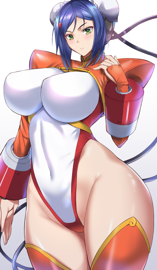 1girl arcana_heart blue_hair blush breasts bun_cover covered_navel double_bun green_eyes hair_bun highleg highleg_leotard kumakichi_(cost-lost) large_breasts leotard looking_at_viewer mei-fang multicolored_leotard orange_thighhighs red_leotard shrug_(clothing) thighhighs thighs two-tone_leotard white_leotard