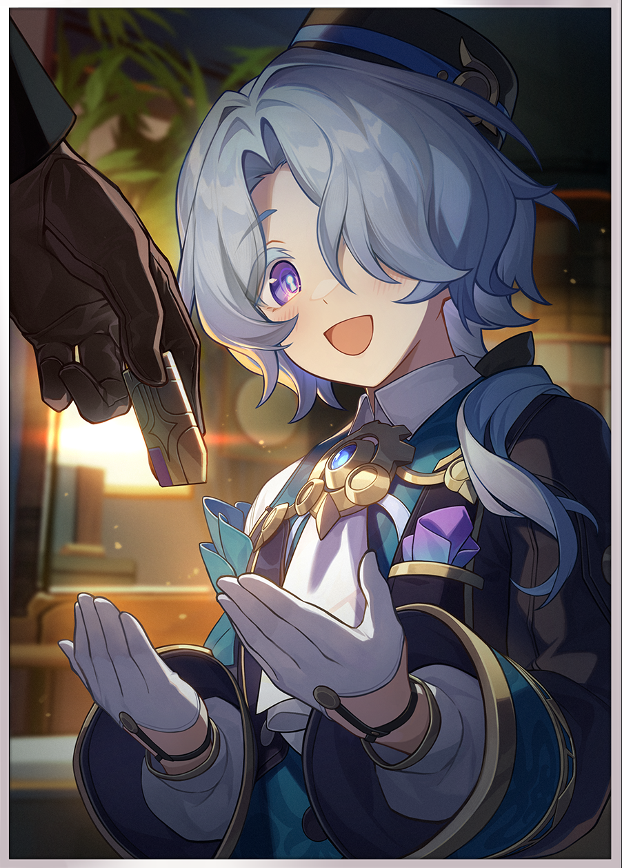 1boy :d ascot black_hat black_jacket blue_hair border child colored_eyelashes giving gloves hair_over_one_eye hat highres holding honkai:_star_rail honkai_(series) jacket male_focus misha_(honkai:_star_rail) official_art one_eye_covered open_mouth parted_bangs purple_eyes short_hair smile solo_focus symbol-shaped_pupils third-party_source upper_body white_ascot white_border white_gloves
