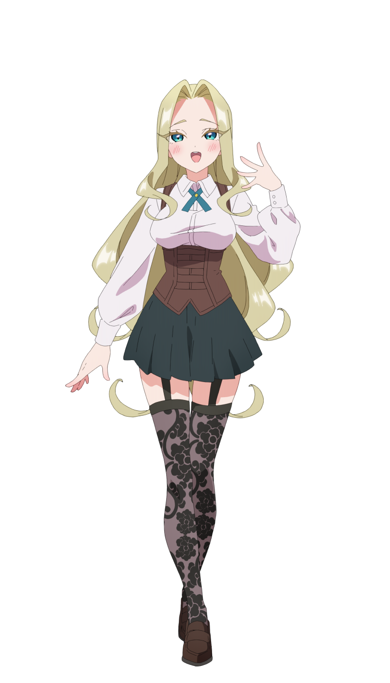 1girl :d aqua_eyes arm_at_side black_skirt black_thighhighs blonde_hair blush bolo_tie breasts brown_corset brown_shoes collared_shirt colored_eyelashes corset crossed_legs curtained_hair dress_shirt floral_print floral_print_thighhighs full_body garter_straps hand_up highres kimi_no_koto_ga_dai_dai_dai_dai_daisuki_na_100-nin_no_kanojo loafers long_hair long_sidelocks long_sleeves looking_at_viewer medium_breasts miniskirt official_art open_hand open_mouth parted_bangs pleated_skirt print_thighhighs puffy_long_sleeves puffy_sleeves school_uniform shirt shoes sidelocks simple_background skirt smile solo standing tachi-e teeth thighhighs transparent_background underbust upper_teeth_only utsukushisugi_mimimi very_long_hair white_shirt zettai_ryouiki
