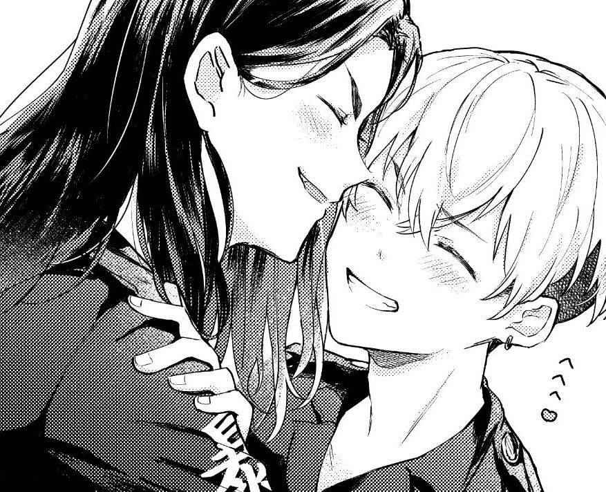 2boys baji_keisuke blush closed_eyes commentary earrings fingernails hand_on_another&#039;s_shoulder hoop_earrings jewelry kojirase_potaku long_hair male_focus matsuno_chifuyu monochrome multiple_boys open_mouth short_hair teeth tokyo_revengers yaoi