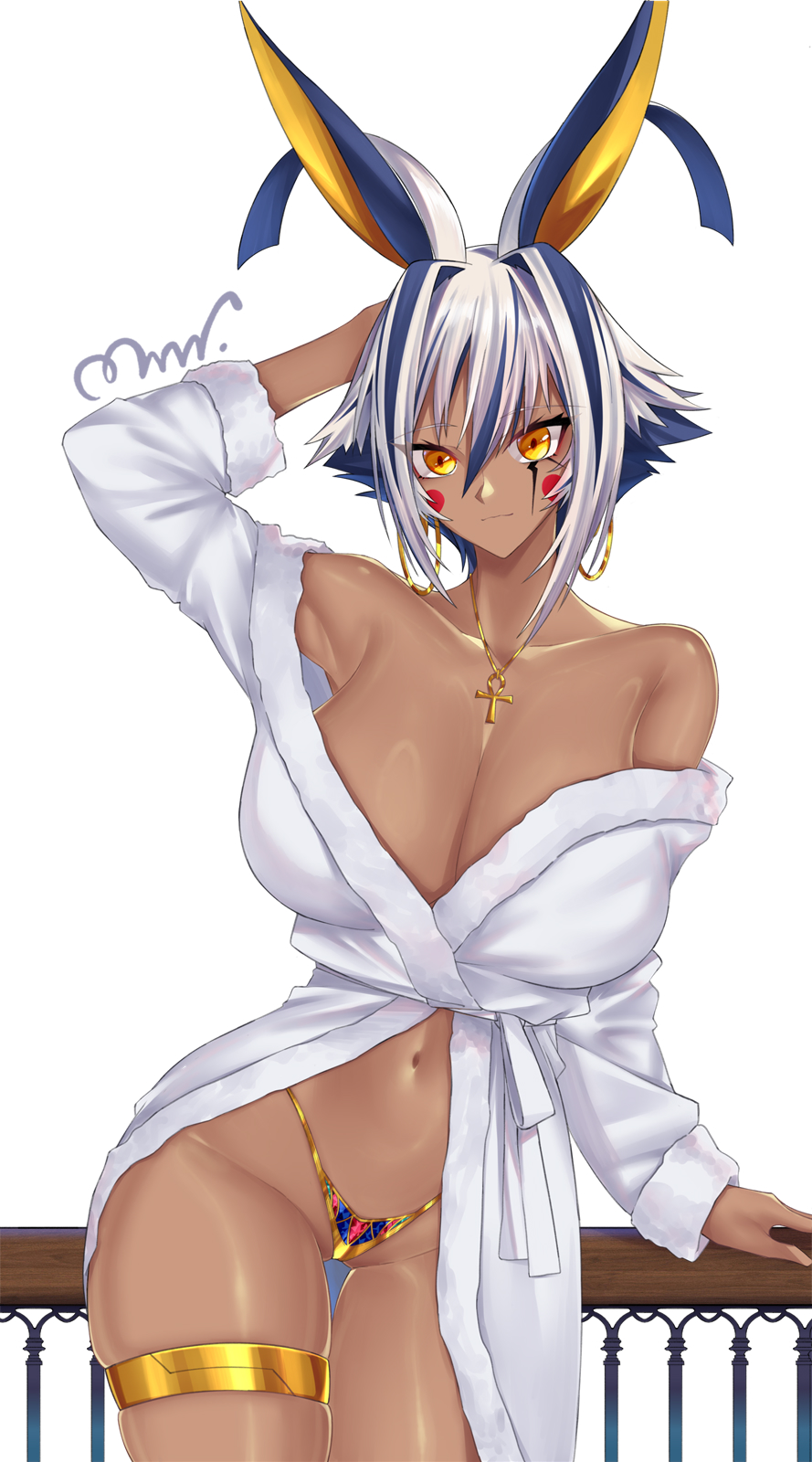 1girl animal_ears bare_shoulders breasts cleavage earrings facepaint fate/grand_order fate_(series) highres hoop_earrings jackal_ears jewelry large_breasts long_sleeves looking_at_viewer mrnn navel nitocris_(fate) nitocris_alter_(fate) solo