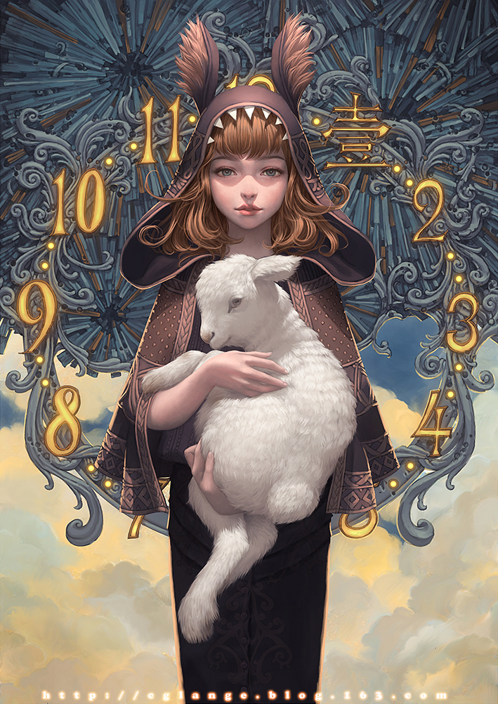 1girl blue_eyes brown_hair cglange cloak clock cloud cowboy_shot holding hood hooded_cloak lamb looking_at_viewer original parted_lips sheep sky standing watermark web_address