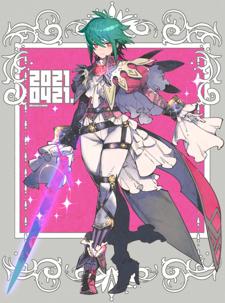 1girl asellus_(saga_frontier) closed_mouth dated flower full_body gloves green_hair looking_at_viewer red_eyes red_flower red_rose rose saga saga_frontier sasaki_tomomi short_hair solo sword weapon white_gloves
