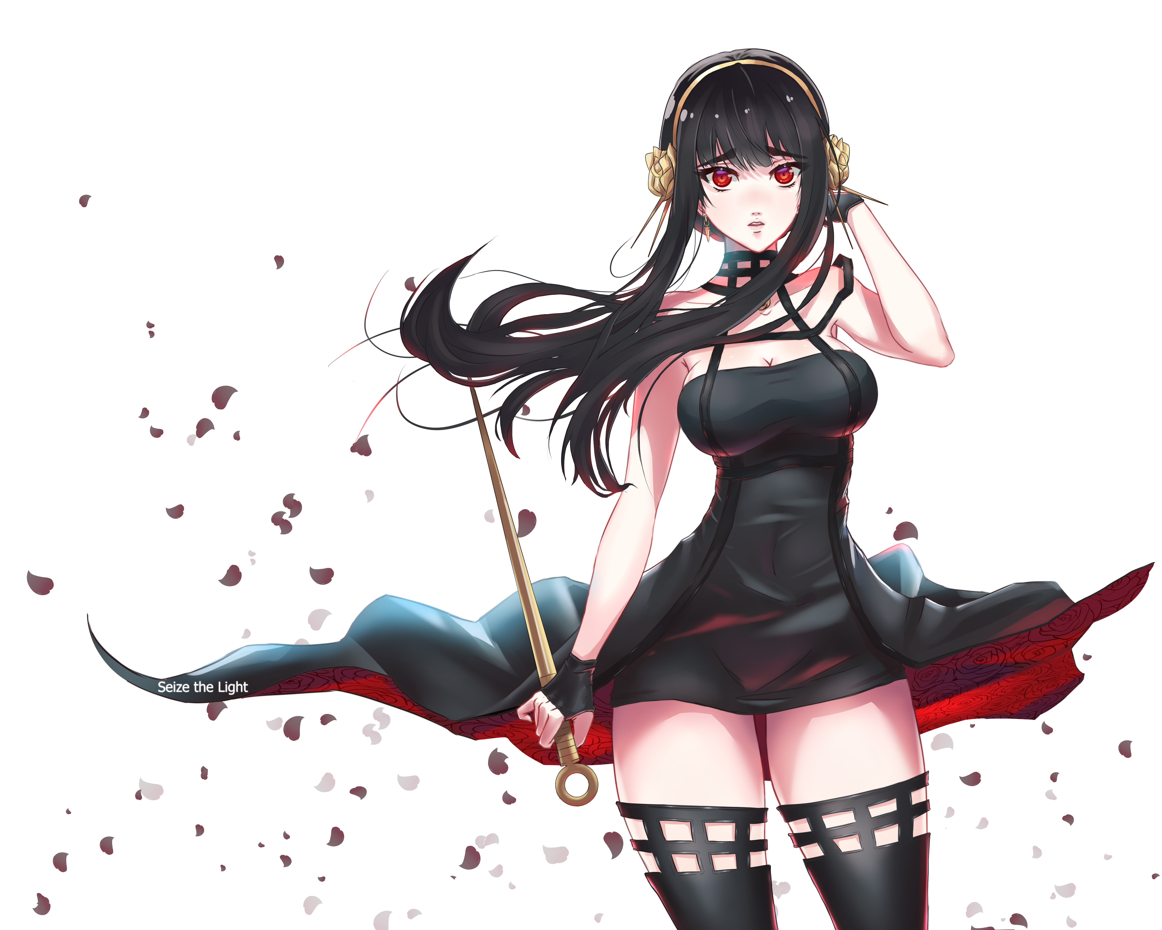 1girl absurdres artist_name bare_shoulders black_dress black_gloves black_hair black_thighhighs breasts cleavage commentary cowboy_shot dagger dress fingerless_gloves gloves gold_hairband hairband hand_in_own_hair highres holding holding_weapon knife large_breasts red_eyes seizethelight sidelocks solo spy_x_family standing stiletto_(weapon) thighhighs weapon white_background wind wind_lift yor_briar