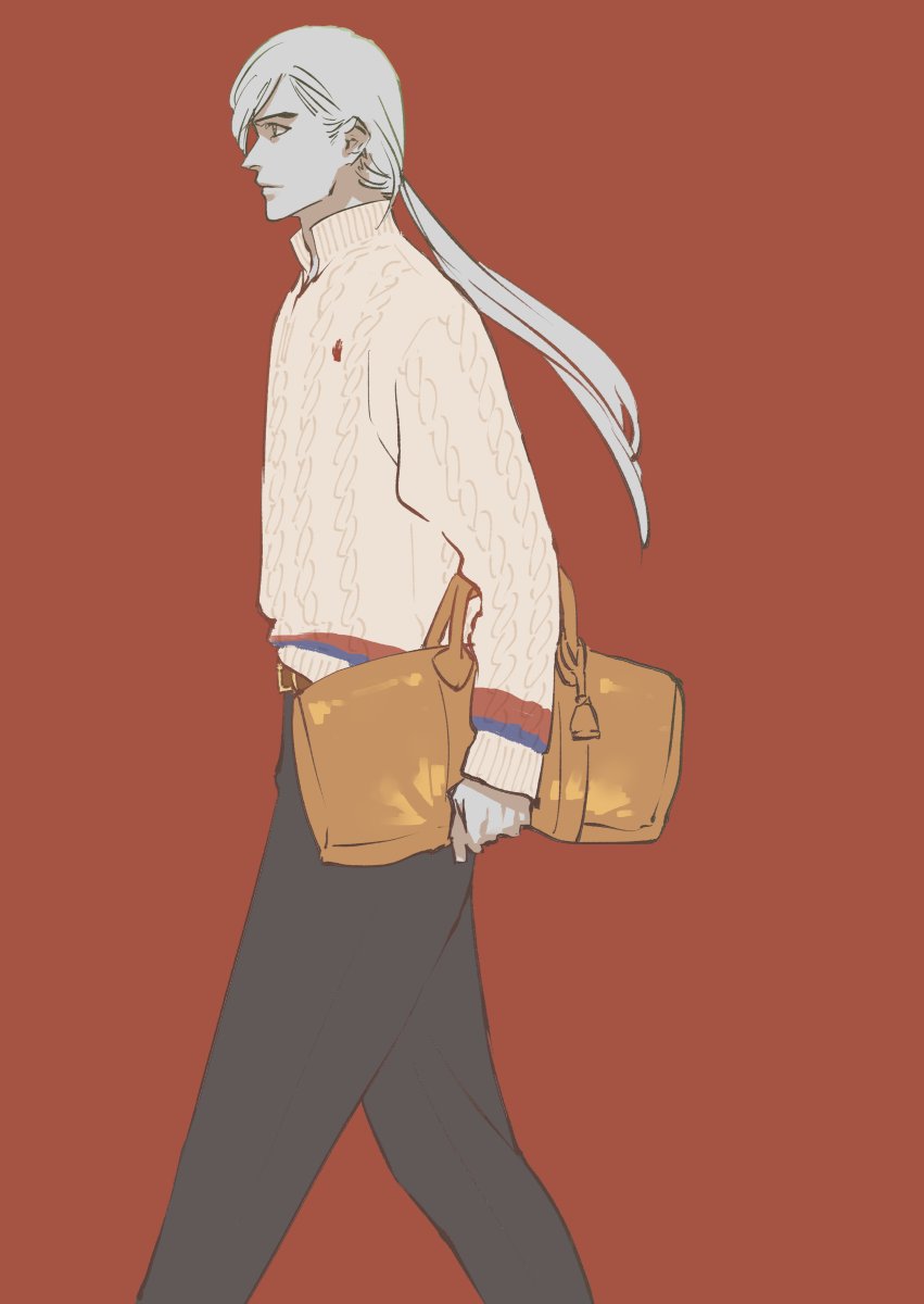 1boy bag belt black_pants bleach bleach:_sennen_kessen-hen highres holding kubo_tite long_hair low_ponytail male_focus pants ponytail ribbed_sweater solo sweater ukitake_juushirou