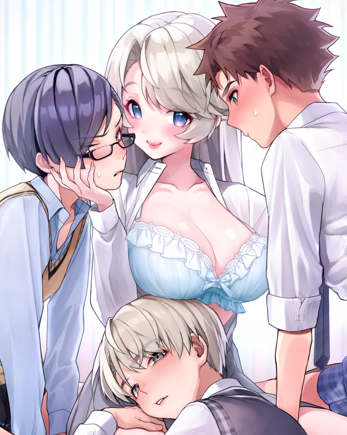 1girl 3boys blouse blue_bra blue_eyes blush bra breasts brown_hair cleavage collarbone collared_shirt glasses green_eyes grey_eyes grey_hair lap_pillow large_breasts long_sleeves looking_at_viewer multiple_boys original pink_lips purple_eyes purple_hair rifuru shirt sleeves_rolled_up sweater_vest underwear white_shirt