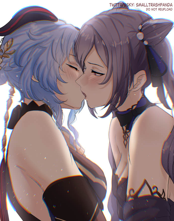 2girls artist_name aya_(smalltrashpanda) bare_shoulders blue_hair blush chromatic_aberration closed_eyes commentary cone_hair_bun dress english_commentary from_side ganyu_(genshin_impact) ganyu_(twilight_blossom)_(genshin_impact) genshin_impact hair_bun half-closed_eyes horns keqing_(genshin_impact) keqing_(opulent_splendor)_(genshin_impact) kiss light_particles long_hair looking_at_another multiple_girls purple_dress purple_eyes purple_hair simple_background white_background yuri