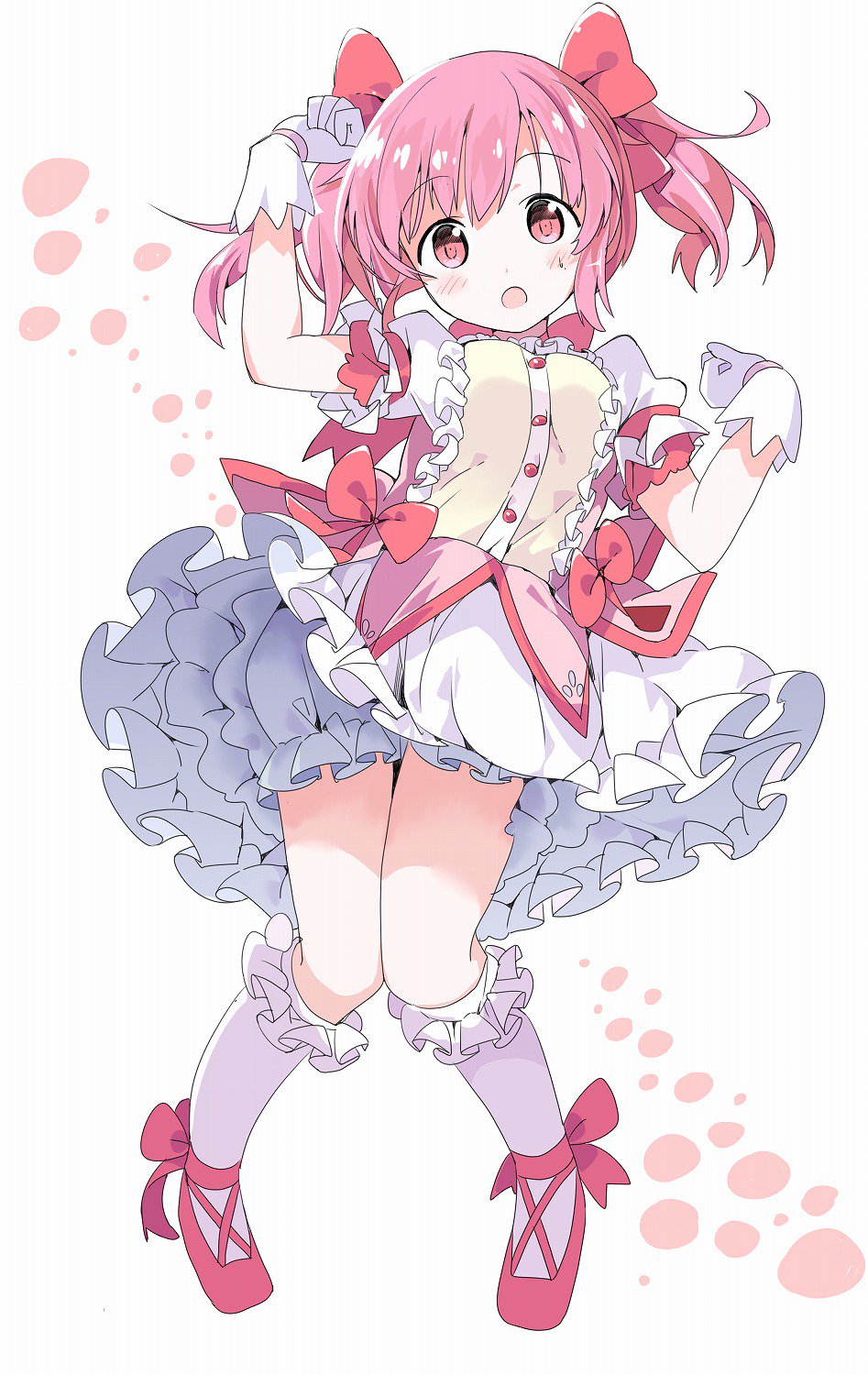 bloomers bubble_skirt frilled_skirt frilled_socks frills full_body gloves highres kaname_madoka kaname_madoka_(magical_girl) kneehighs knees_together_feet_apart legs_together magical_girl mahou_shoujo_madoka_magica mahou_shoujo_madoka_magica_(anime) open_mouth pink_eyes pink_hair red_shoes ribbon_shoes shoes simple_background skirt socks solo tantan_men_(dragon) twintails underwear white_background white_bloomers white_gloves white_socks