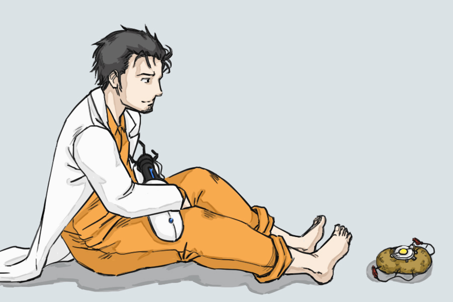1boy aperture_science_handheld_portal_device bad_id barefoot bb_(baalbuddy) black_hair chell chell_(cosplay) cosplay crossover facial_hair glados inactive_account jumpsuit lab_coat okabe_rintarou portal portal_(series) portal_1 portal_2 potato simple_background spoilers steins;gate stubble valve
