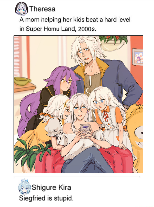 1boy 6+girls aged_down ahoge artist_request durandal_(honkai_impact) blue_eyes blue_jacket brown_shirt cecilia_schariac commentary english_commentary english_text family homu_(honkai_impact) honkai_(series) honkai_impact_3rd instagram jacket kiana_kaslana long_hair looking_at_another multiple_girls plant playing_games purple_hair shigure_kira shirt siegfried_kaslana sirin smile social_media_post theresa_apocalypse theresa_apocalypse_(valkyrie_pledge) very_long_hair white_hair yellow_eyes