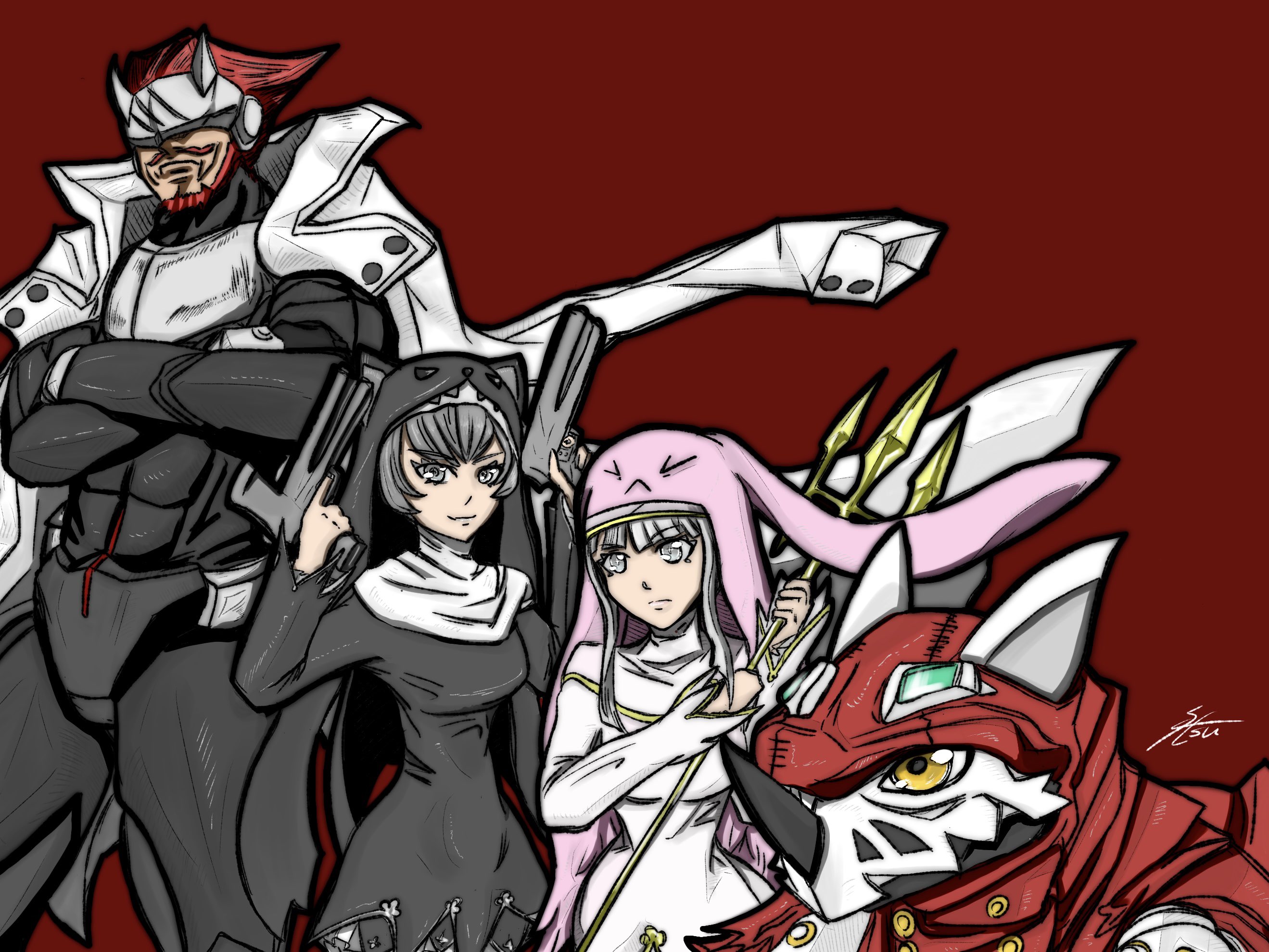 animal_hat cat_hat digimon digimon_(creature) gankoomon hackmon_(digimon) hat highres nail_polish nun rabbit_hat sistermon_blanc sistermon_noir