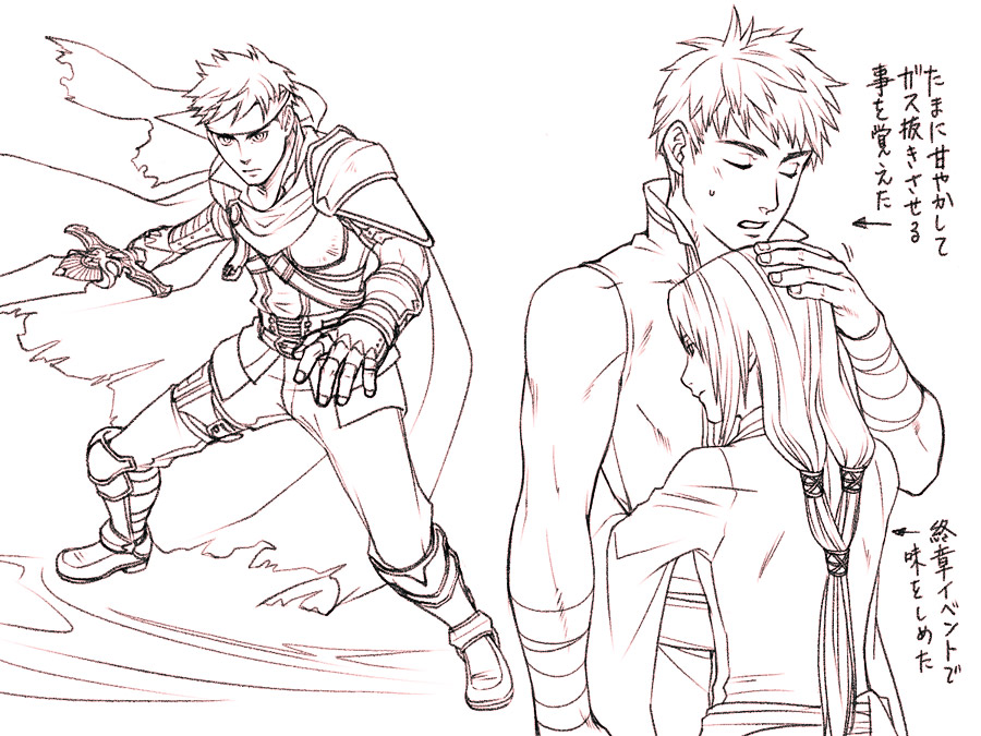 2boys armor cape fingerless_gloves fire_emblem fire_emblem:_path_of_radiance fire_emblem:_radiant_dawn gloves headband headpat hug ike_(fire_emblem) kobashi_(hodohodo) long_hair monochrome multiple_boys nintendo ponytail ragnell shirt short_hair simple_background sleeveless sleeveless_shirt soren_(fire_emblem) torn_cape torn_clothes white_background