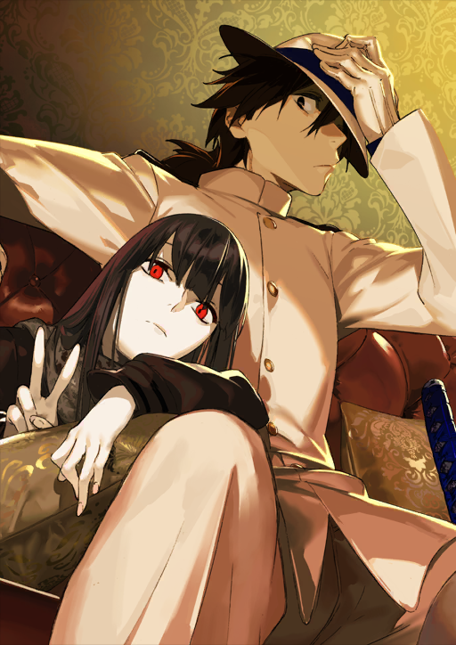 1boy 1girl black_eyes black_hair black_scarf black_shirt blue_ribbon blunt_bangs buttons closed_mouth couch cowboy_shot expressionless fate/grand_order fate_(series) fedora from_below gloves hair_between_eyes hand_on_headwear hat hat_ribbon high_collar jacket katana long_hair long_sleeves looking_at_viewer low_ponytail military_jacket official_art oryou_(fate) pako_(pakosun) pants pillow ponytail print_scarf red_eyes ribbon sakamoto_ryouma_(fate) scarf shirt sitting snake_print spread_legs sword third-party_source v weapon white_gloves white_hat white_jacket white_pants