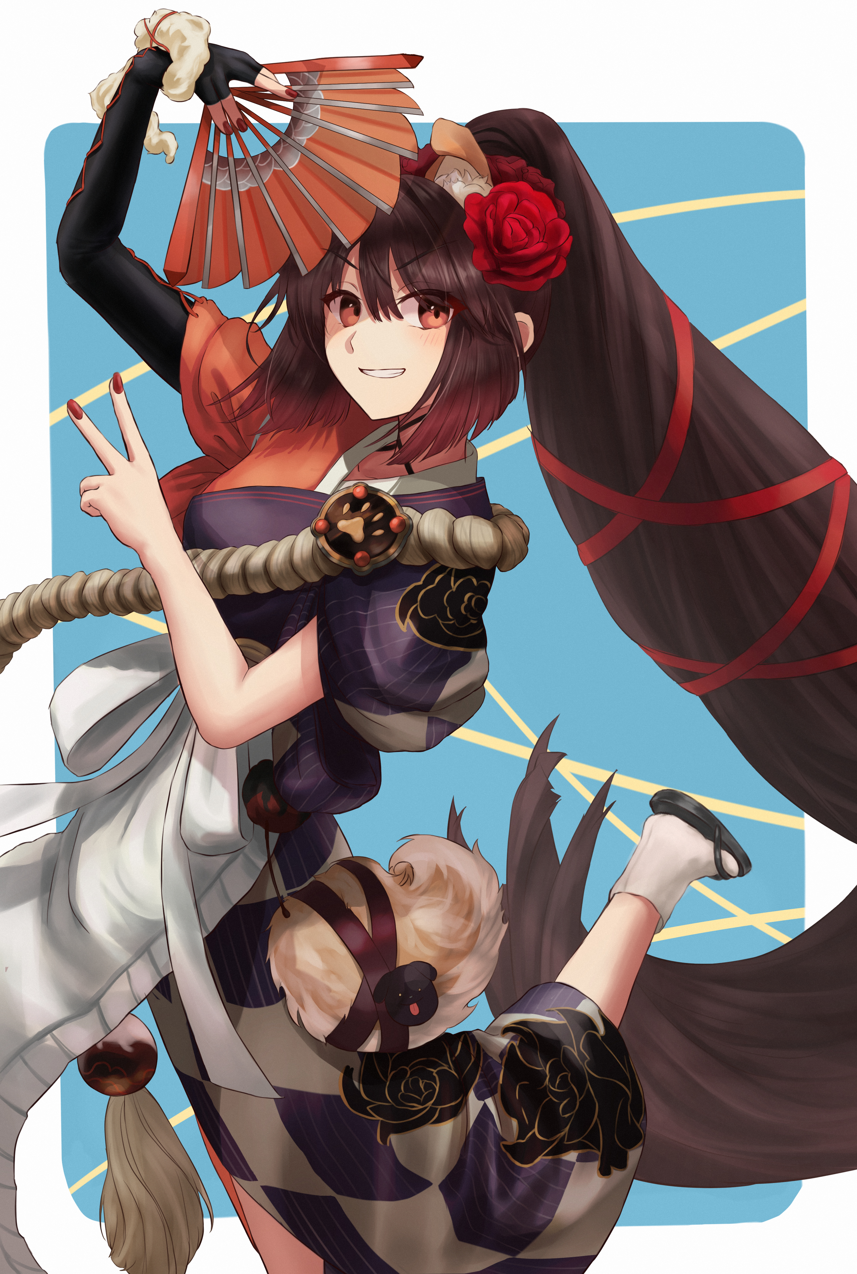 absurdres akita_inu animal animal_ears animal_on_head bernese_mountain_dog black_sandals checkered_clothes checkered_kimono dog dog_ears dog_on_head fate/grand_order fate_(series) floral_print flower golden_retriever grey_kimono high_ponytail highres husky japanese_clothes kai_ken kimono kyokutei_bakin_(fate) lady_yu_doll long_hair multicolored_kimono multiple_dogs namatako_2416 on_head peony_(flower) peony_print ponytail samoyed_(dog) sandals shiba_inu too_many too_many_dogs very_long_hair welsh_corgi