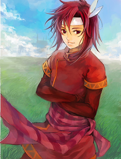 1boy belt cloud crossed_arms day fire_emblem fire_emblem:_mystery_of_the_emblem grass headband kaito_(sawayakasawaday) male_focus nintendo red_eyes red_hair sky solo xane_(fire_emblem)