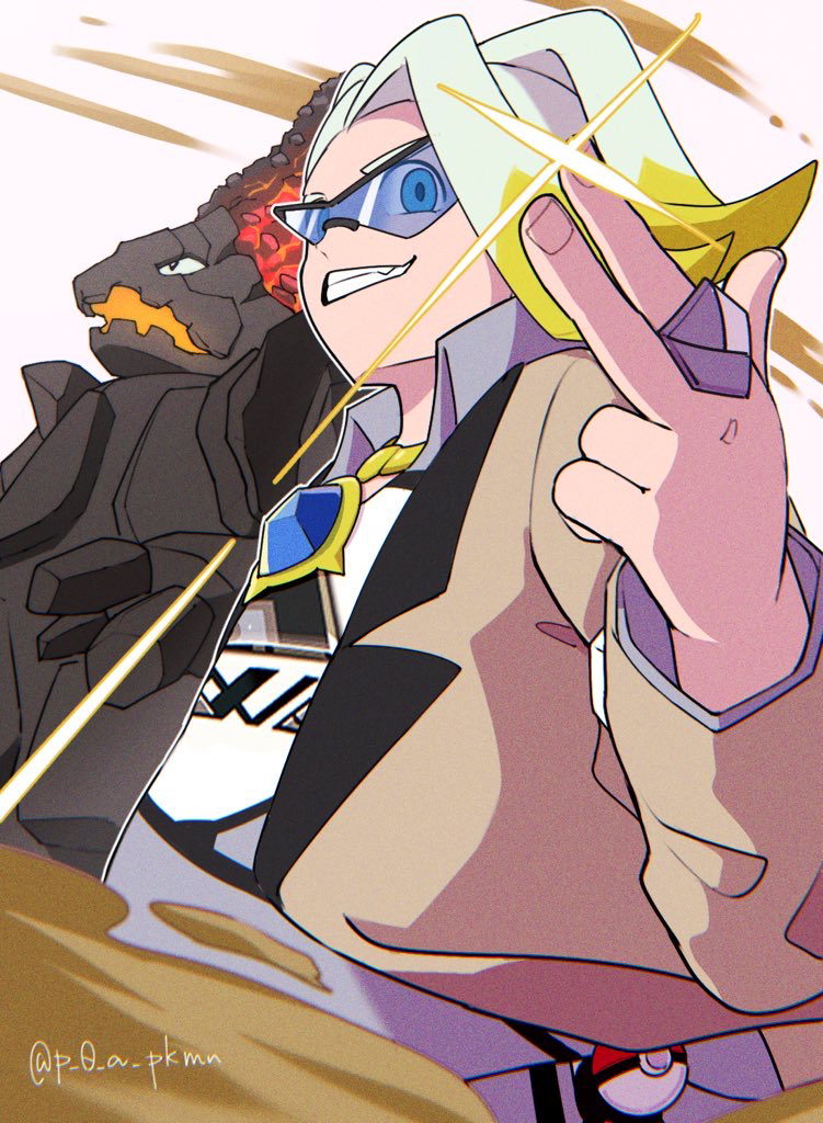 1boy black-framed_eyewear blue_eyes brown_jacket coalossal collared_shirt gen_8_pokemon gordie_(pokemon) grin hand_up jacket jewelry male_focus necklace nintendo open_clothes open_jacket p_0_a poke_ball poke_ball_(basic) pokemon pokemon_(creature) pokemon_swsh ring shirt shorts smile sunglasses teeth white_background