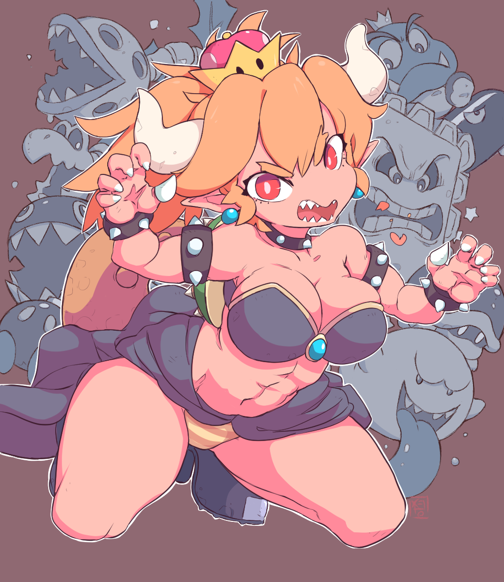 1girl abs armlet artist_name bare_shoulders black_footwear blonde_hair bob-omb boo_(mario) bowsette bracelet breasts brown_background bullet_bill buzzy_beetle chain_chomp claw_pose claws cleavage closed_mouth collar collarbone crown dry_bones earrings fangs female_focus full_body gem goomba hands_up heart high_heels horns jewelry kneeling large_breasts looking_at_viewer mario_(series) mini_crown navel new_super_mario_bros._u_deluxe nintendo open_mouth orange_panties outline panties piranha_plant pointy_ears ponytail red_eyes sharp_teeth shoes signature smile solo_focus spiked_bracelet spiked_collar spikes star_(symbol) starmilk strapless striped_clothes striped_panties super_crown tail teeth thwomp tongue tongue_out tube_top turtle_shell underwear white_outline