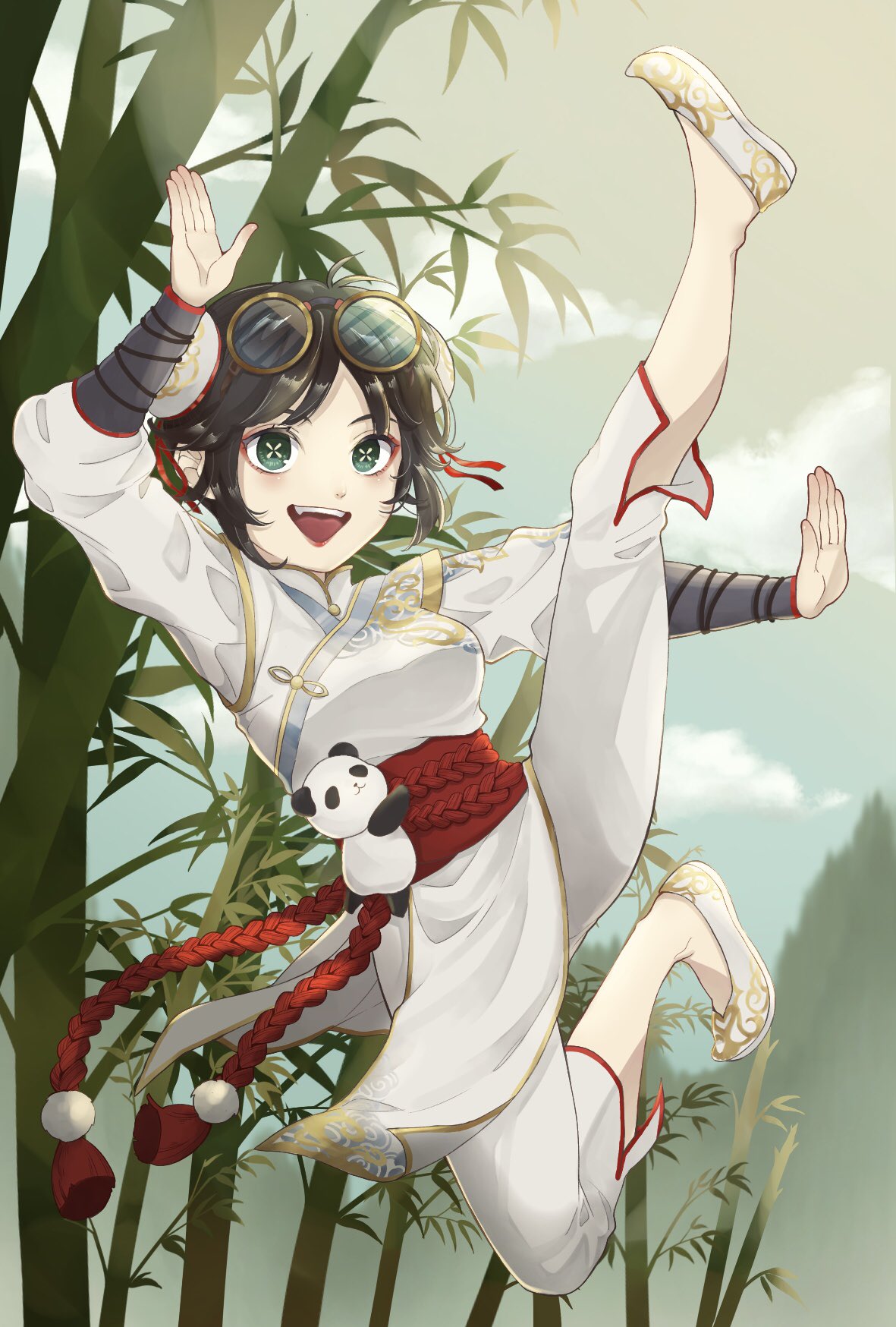 1girl airborne black_hair breasts cha_men_koi character_request chinese_clothes eyeshadow eyewear_on_head fang glasses green_eyes highres identity_v jacket kicking kung_fu makeup medium_breasts open_hands red_eyeshadow short_hair solo stuffed_animal stuffed_panda stuffed_toy symbol-shaped_pupils tracy_reznik tracy_reznik_(dormant_koi) white_footwear white_jacket