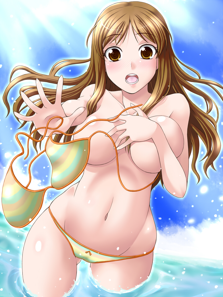 1girl :o bikini blush bow bow_panties breasts brown_eyes brown_hair censored convenient_censoring covering_breasts covering_privates curvy day embarrassed female_focus groin highres large_breasts light_rays long_hair lowleg lowleg_bikini navel no_bra open_mouth panties partially_submerged photokano shiny_skin solo string_bikini striped_bikini striped_clothes submerged sunbeam sunlight swimsuit thigh_gap thighs topless_female underwear wardrobe_malfunction water yaso_shigeru yunoki_rina
