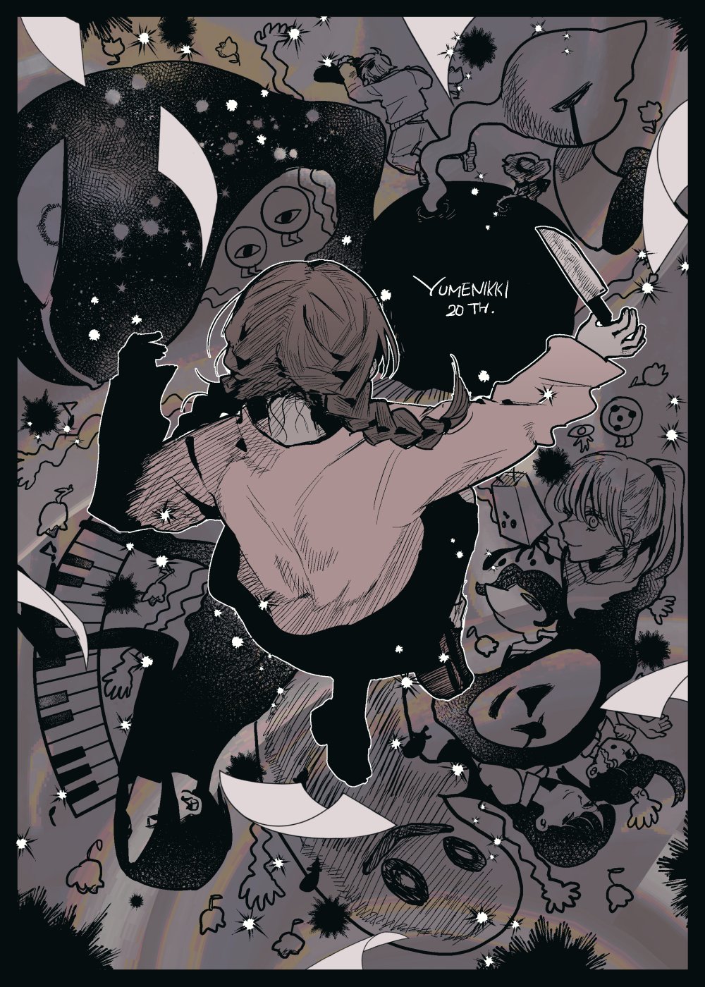 2boys 5girls abstract anniversary arm_up black_border black_footwear black_skirt blood blunt_bangs border braid brown_hair closed_mouth collared_shirt commentary creature death dripping_eye dual_persona extra_arms falling floating_hair flower flying_paper from_above from_behind hand_up hatching_(texture) highres holding holding_smoking_pipe injury instrument keyboard_(instrument) kitchen_knife knife kyukkyu-kun limited_palette long_hair long_sleeves looking_at_another looking_to_the_side madotsuki mechameat monoe monoko motion_blur multiple_boys multiple_girls outline pants paper parted_bangs partially_colored pink_sweater poniko ponytail pool_of_blood sekomumasada_sensei shirt shitaisan shoes short_hair skirt smile smoking_pipe squinting sweater toriningen twin_braids twintails uboa white_outline wind yume_nikki