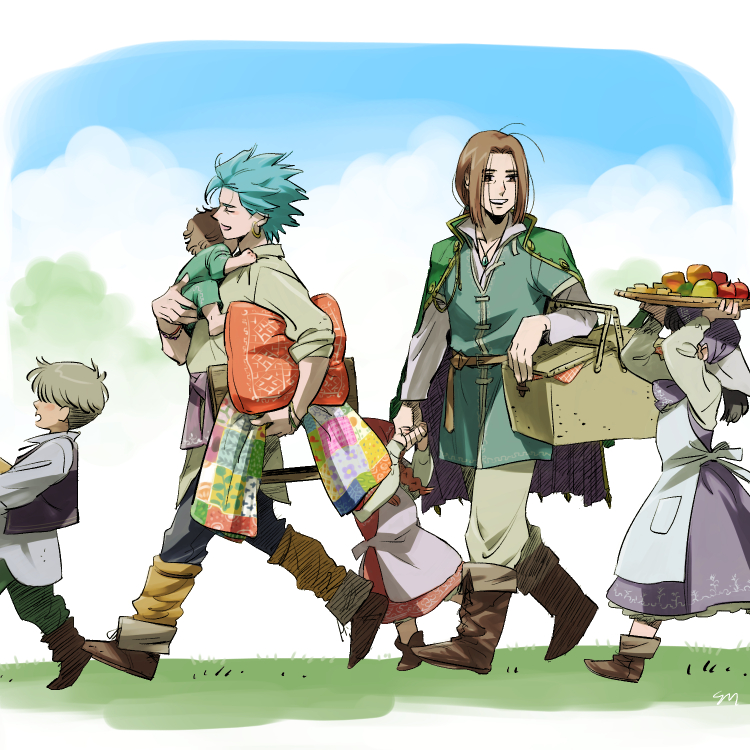 1other 2girls 3boys aged_up apple apron aqua_tunic baby basket black_hair blanket blonde_hair blue_hair blunt_ends boots braid brown_footwear brown_hair camus_(dq11) cape carrying carrying_person child commentary_request couple dragon_quest dragon_quest_xi dress food fruit green_cape green_tunic hero_(dq11) holding holding_basket holding_blanket holding_picnic_basket holding_pillow holding_tray kamei_(yokoshima-ko) low_ponytail low_twin_braids multiple_boys multiple_girls open_mouth parted_hair picnic_basket picnic_blanket pillow ponytail profile purple_dress sleeves_rolled_up smile spiked_hair tray tunic twin_braids white_apron white_background yaoi