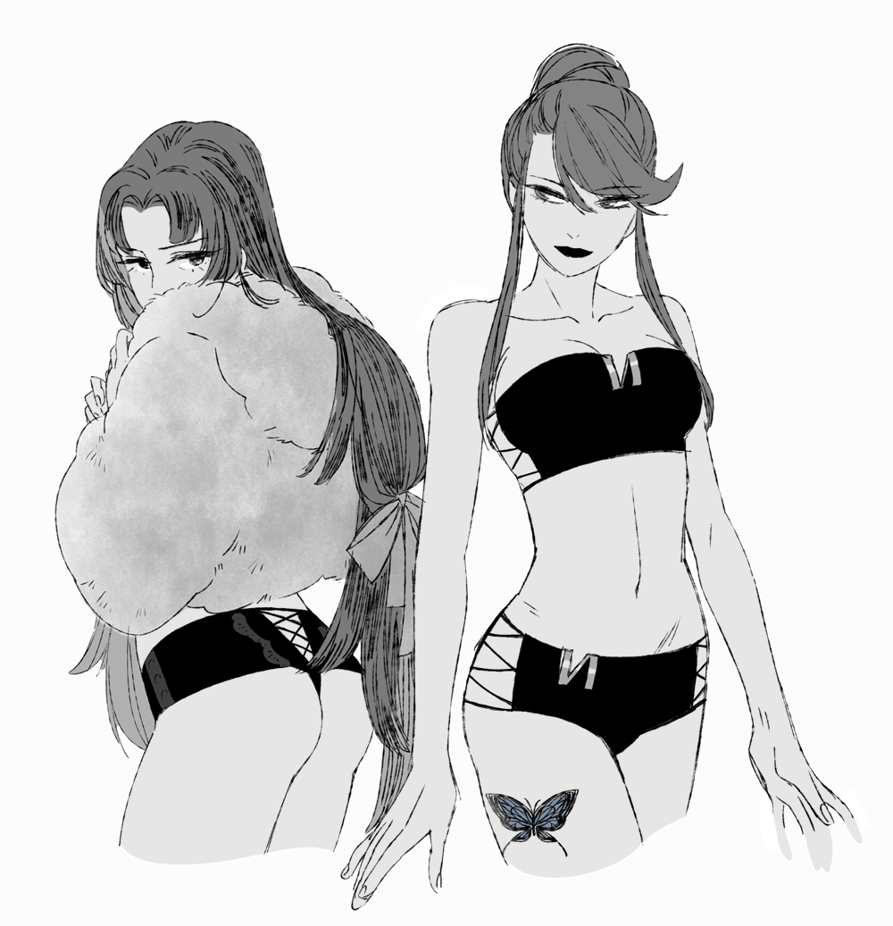 2girls bare_shoulders butterfly_tattoo covered_mouth cropped_legs greyscale hair_bun khirzava lipstick long_hair looking_at_another makeup monochrome multiple_girls nouhime_(sengoku_basara) oichi_(sengoku_basara) sengoku_basara short_shorts shorts sidelocks simple_background spot_color strapless tattoo tube_top white_background
