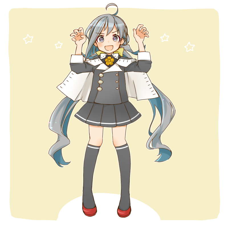 1girl ahoge beige_background border buttons cocoperino cosplay curled_fingers double-breasted female_focus full_body grey_eyes grey_hair grey_skirt grey_thighhighs hair_between_eyes hair_bun kantai_collection kiyoshimo_(kancolle) long_hair looking_at_viewer low_twintails musashi_(kancolle) musashi_(kancolle)_(cosplay) musashi_kai_ni_(kancolle) pleated_skirt red_footwear single_hair_bun skirt smile solo standing thighhighs twintails two-tone_background very_long_hair white_border