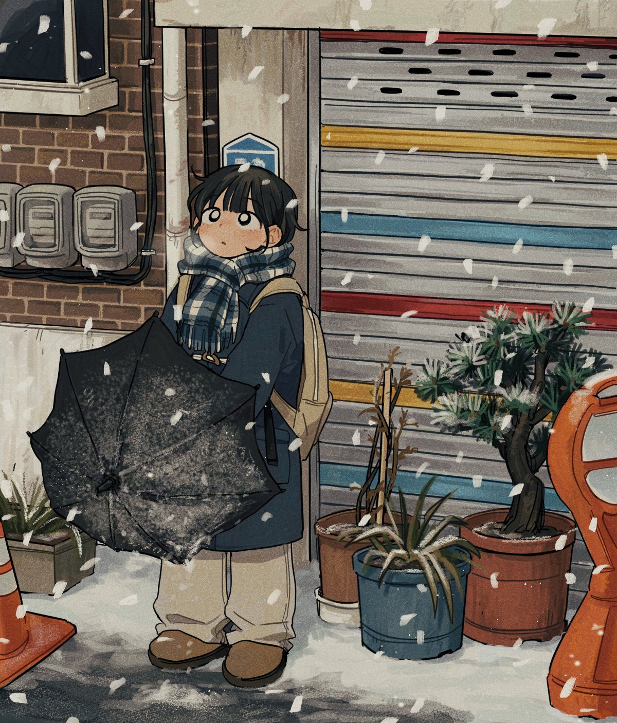1girl backpack bag black_hair blue_coat blush breath brick_wall bright_pupils brown_shoes coat garage grey_pants highres holding holding_umbrella looking_up original outdoors pants parted_lips plaid_clothes plaid_scarf plant potted_plant scarf shoes sihyun25 snow snowing solo standing toggles traffic_cone umbrella white_pupils