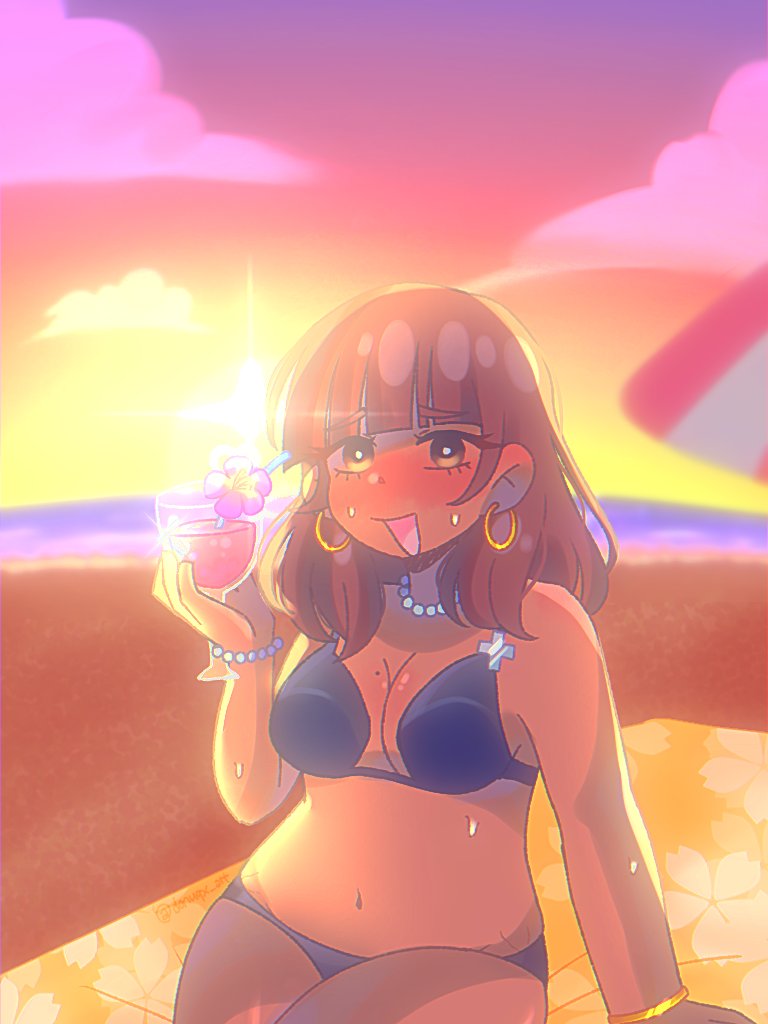 1girl beach bikini brown_eyes brown_hair candy dark-skinned_female dark_skin donuqx earrings food jewelry omori polly_(omori) sweat swimsuit