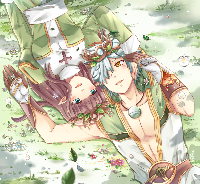 1boy 1girl alternate_costume belt blue_eyes blush breasts brown_hair champion_(ragnarok_online) championship_belt coat commission couple dress flower gloves gold_trim grass green_dress hair_over_one_eye hetero high_priest_(ragnarok_online) himitsu_(dark_nao) hood hooded_coat juliet_sleeves long_sleeves looking_at_another medium_breasts multicolored_coat on_ground open_mouth painttool_sai_(medium) pink_flower pointy_ears puffy_sleeves ragnarok_online sash sleeveless sleeveless_coat smile two-tone_coat two-tone_dress two-tone_gloves upper_body white_coat white_dress white_gloves white_sash yellow_eyes