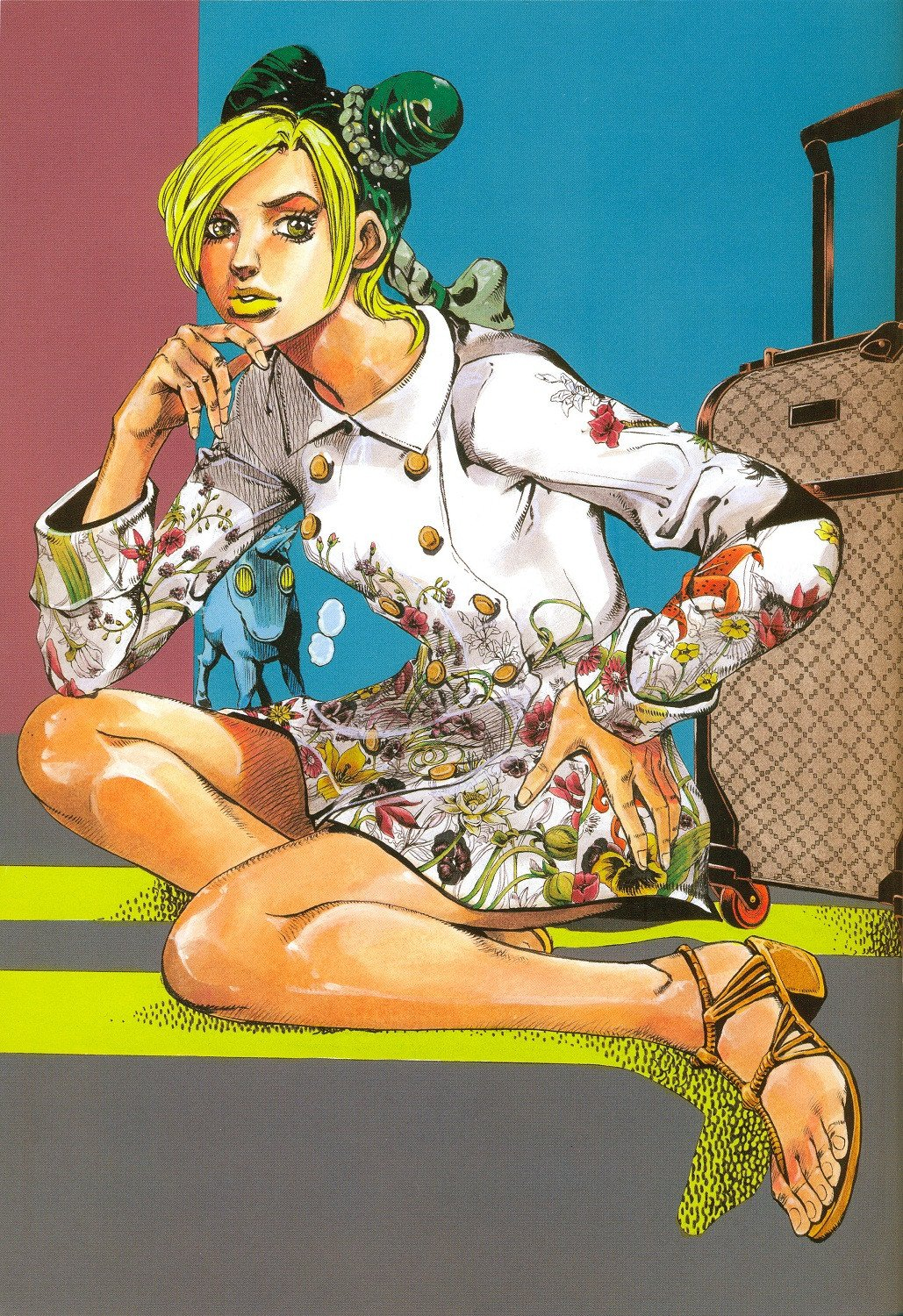 1girl araki_hirohiko buttons double_bun feet green_eyes green_hair green_lips hair_bun hand_on_own_hip hand_on_own_chin high_heels highres jojo_no_kimyou_na_bouken jolyne_fly_high_with_gucci kneeling kuujou_jolyne non-web_source official_art parted_lips solo suitcase unicorn