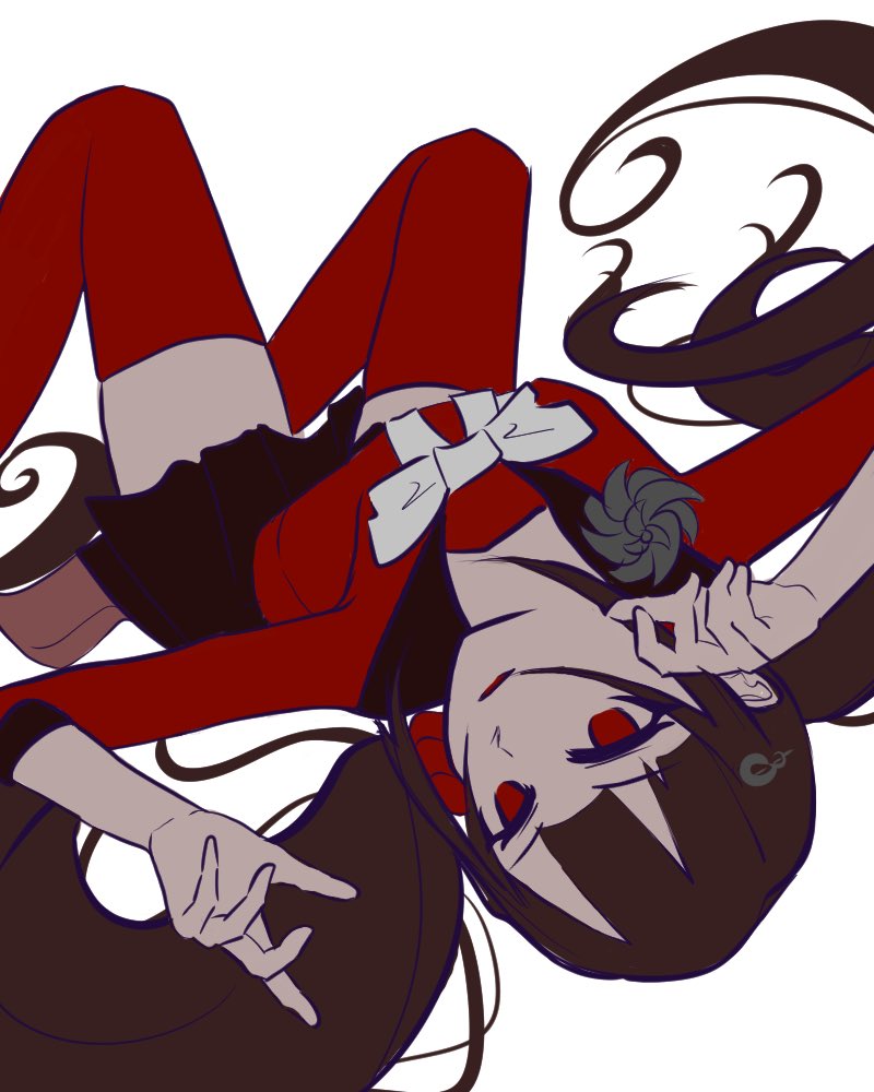1girl black_skirt brown_hair closed_mouth danganronpa_(series) danganronpa_v3:_killing_harmony harukawa_maki knees_up long_hair looking_at_viewer low_twintails lying on_back pleated_skirt red_eyes red_scrunchie red_shirt red_thighhighs rv_3_0_(8_mitsu) scrunchie shirt simple_background skirt solo thighhighs twintails white_background