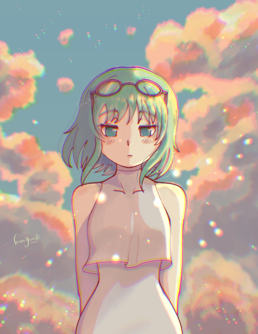 1girl bare_shoulders closed_mouth cloud cloudy_sky commentary cowboy_shot dress english_commentary eyewear_on_head green_eyes green_hair gumi gumiyare light_particles red-framed_eyewear short_hair sky sleeveless sleeveless_dress solo vocaloid white_dress yowamushi_mont-blanc_(vocaloid)