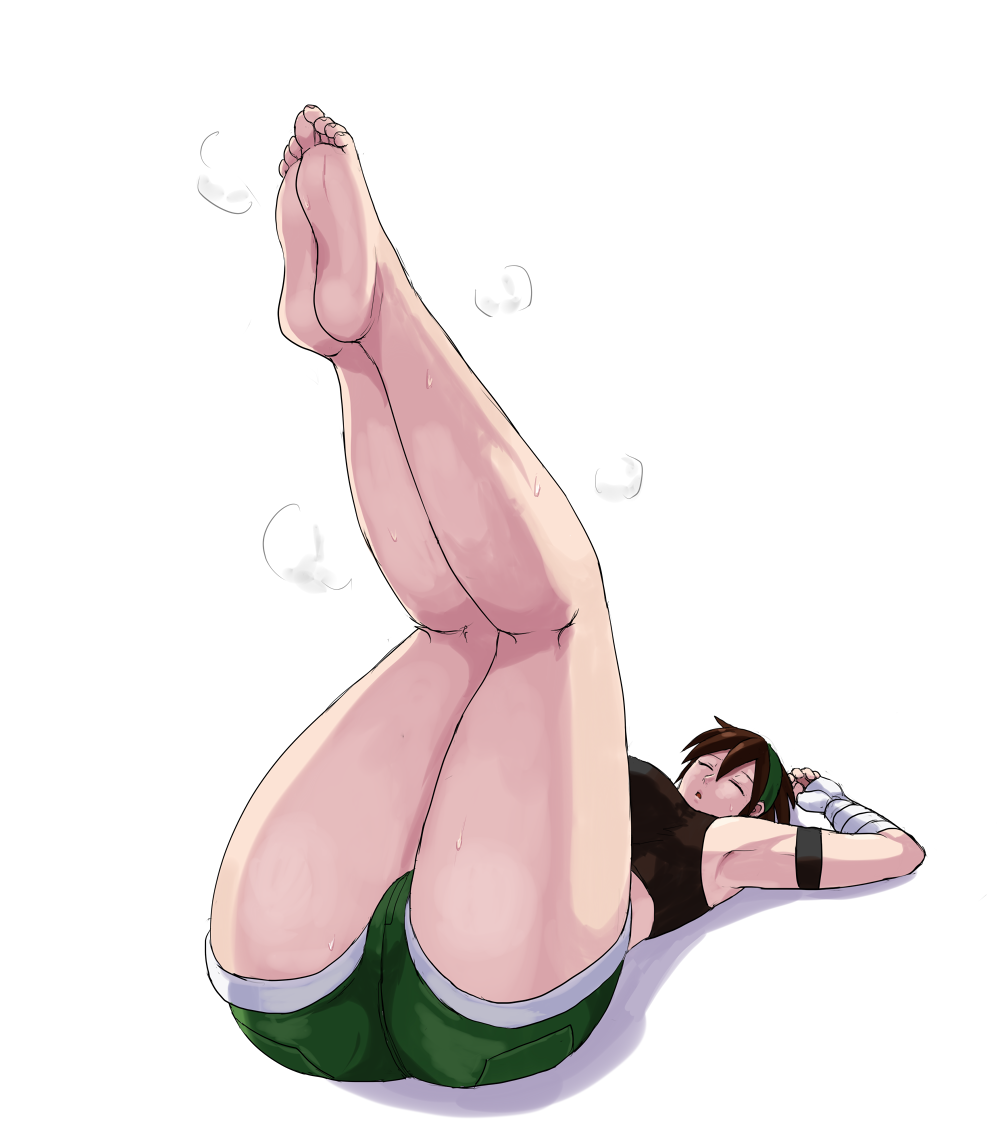 1girl 78_(tky8) armpits ass bandaged_wrist bandages bandit_(tales_of_destiny_2) barefoot belt black_sports_bra breasts brown_belt brown_hair commentary_request foreshortening full_body green_hairband green_shorts hair_between_eyes hairband large_breasts long_bangs lying midriff on_back open_mouth short_hair shorts simple_background soles solo sports_bra tales_of_(series) tales_of_destiny tales_of_destiny_2 unconscious white_background