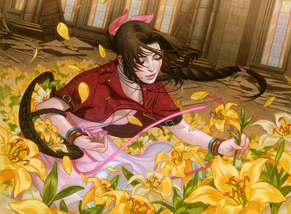 1girl acrylic_paint_(medium) aerith_gainsborough bangle basket bracelet braid braided_ponytail breasts brick_wall brown_hair choker church closed_eyes closed_mouth colored_pencil_(medium) cropped_jacket dress falling_petals final_fantasy final_fantasy_vii final_fantasy_vii_remake flower flower_basket flower_bed flower_choker hair_ribbon holding holding_basket holding_flower indoors jacket jewelry lily_(flower) long_dress long_hair magic:_the_gathering medium_breasts my_name_is_tran official_art painting_(medium) parted_bangs petals pink_dress pink_ribbon red_jacket ribbon short_sleeves sidelocks single_braid sitting solo traditional_media window yellow_flower yellow_petals