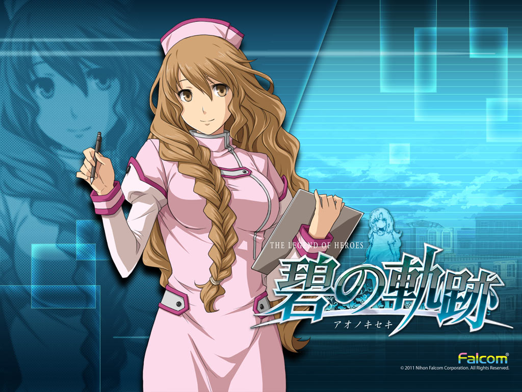 10s 1girl 2011 ao_no_kiseki blue_background braid brown_eyes brown_hair cecile_neues company_name copyright_name eiyuu_densetsu enami_katsumi falcom female_focus hair_over_shoulder hat long_hair nurse nurse_cap official_art pen smile solo zero_no_kiseki zoom_layer