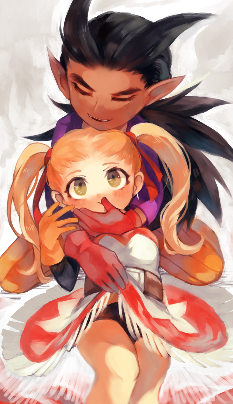 1boy 1girl arms_around_neck belt black_buruma black_hair black_shirt blonde_hair breasts brown_belt buruma buruma_under_skirt closed_eyes clothes_pull couple dark-skinned_male dark_skin dragon_quest dragon_quest_builders_2 dress dress_pull earrings female_builder_(dqb2) fringe_trim gloves green_eyes hair_horns hair_pulled_back hair_ribbon highres hoop_earrings hotaro_(bread_fusa) jewelry kneeling looking_at_another looking_up low_ponytail lying on_back open_mouth orange_gloves orange_pants pants pointy_ears ponytail purple_shirt red_dress red_gloves red_ribbon ribbon shirt shirt_under_dress sidoh_(dqb2) silver_earrings small_breasts smile spiked_hair thumb_to_mouth twintails two-tone_dress white_background white_dress