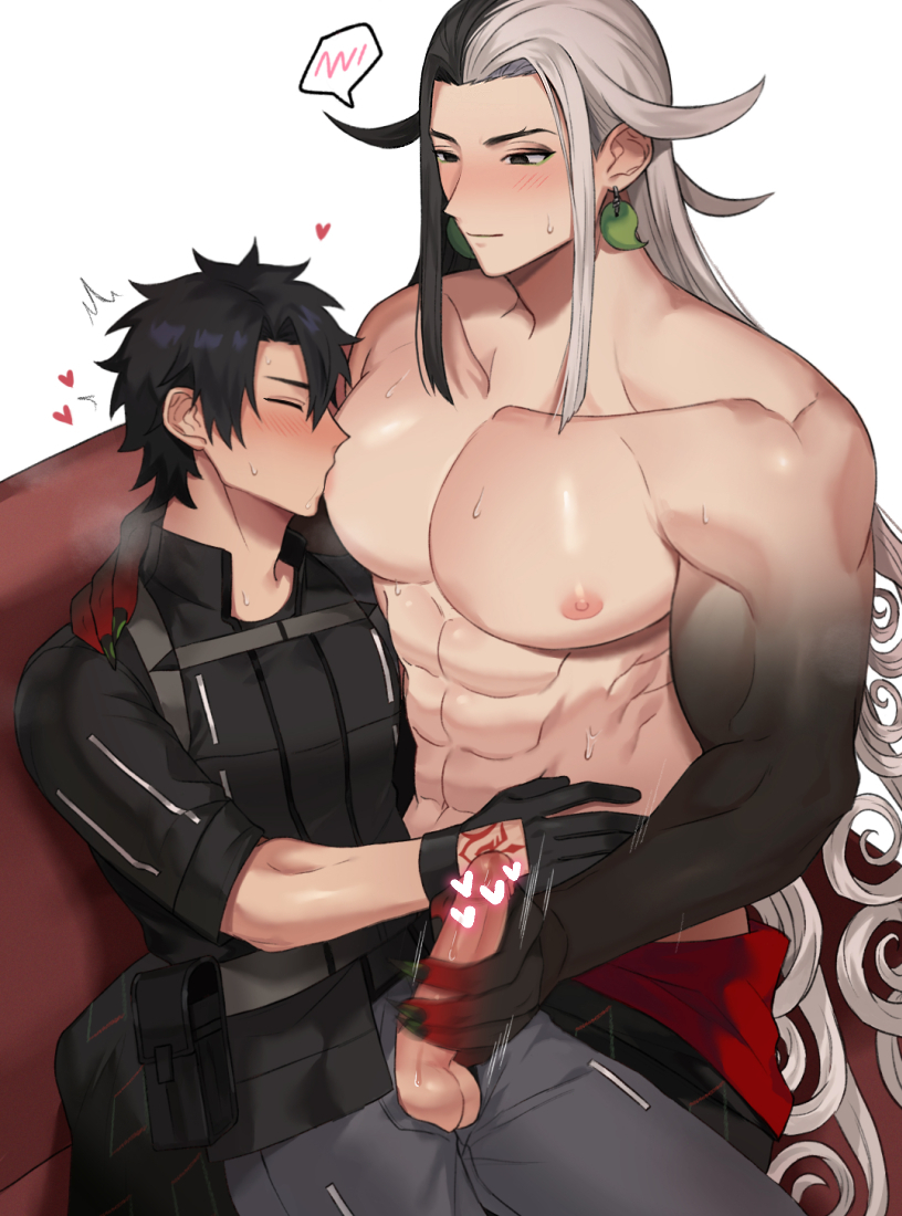 2boys abs ashiya_douman_(fate) ashiya_douman_(third_ascension)_(fate) asymmetrical_clothes asymmetrical_hair belt belt_pouch black_eyes black_gloves black_hair black_hands black_kimono black_nails black_pouch black_shirt blush breast_sucking censored closed_eyes closed_mouth collarbone colored_extremities commentary_request couch curly_hair earrings eyeshadow fate/grand_order fate_(series) fingernails fujimaru_ritsuka_(male) gloves green_eyeshadow grey_belt grey_pants hair_between_eyes hand_on_another&#039;s_shoulder hand_on_another&#039;s_stomach handjob heart heart_censor high_collar japanese_clothes jewelry kimono kimono_around_waist large_pectorals long_hair magatama magatama_earrings makeup male_focus motion_blur motion_lines multicolored_hair multiple_boys muscular muscular_male nipple_stimulation nursing_handjob official_alternate_costume on_couch pants pectorals pouch red_hands red_kimono seum_(kao_husband) sharp_fingernails shikigami shirt shirtless_male short_hair short_sleeves simple_background sitting sitting_on_lap sitting_on_person split-color_hair sucking_male_nipple sweat sweatdrop tattoo tattoo_on_hand toned toned_male topless_female topless_male two-sided_fabric two-tone_hair very_long_hair white_background white_hair yaoi