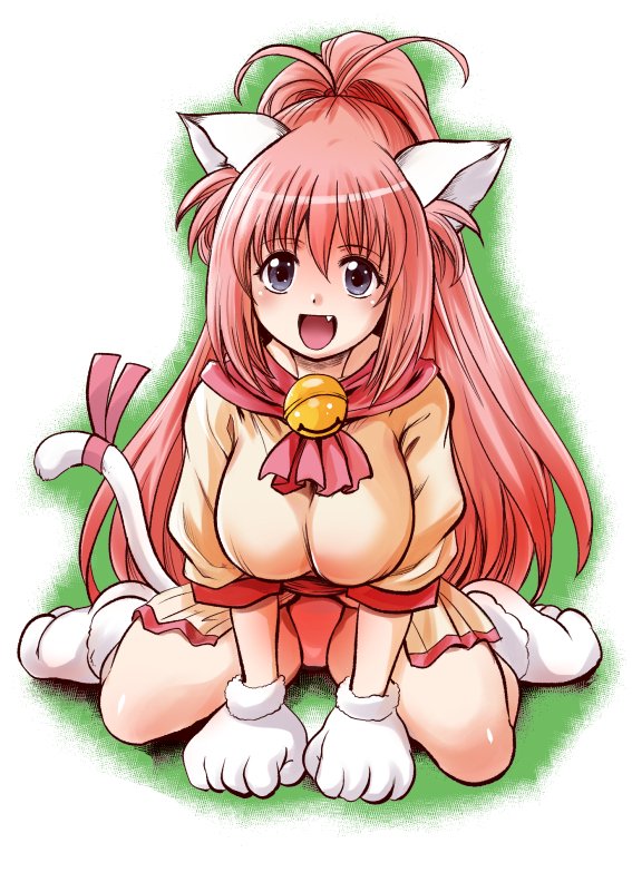 1girl animal_ears animal_hands bell blue_eyes breasts cat_ears cat_paws cat_tail dress fang full_body gloves hair_between_eyes large_breasts leotard long_hair looking_at_viewer melody_sinclair open_mouth paw_gloves paw_shoes pink_hair pink_leotard ponytail ribbon sasanqua152 simple_background sitting skirt smile solo tail tail_ornament tail_ribbon tooth wariza white_background wide_ponytail yellow_dress yuukyuu_gensoukyoku