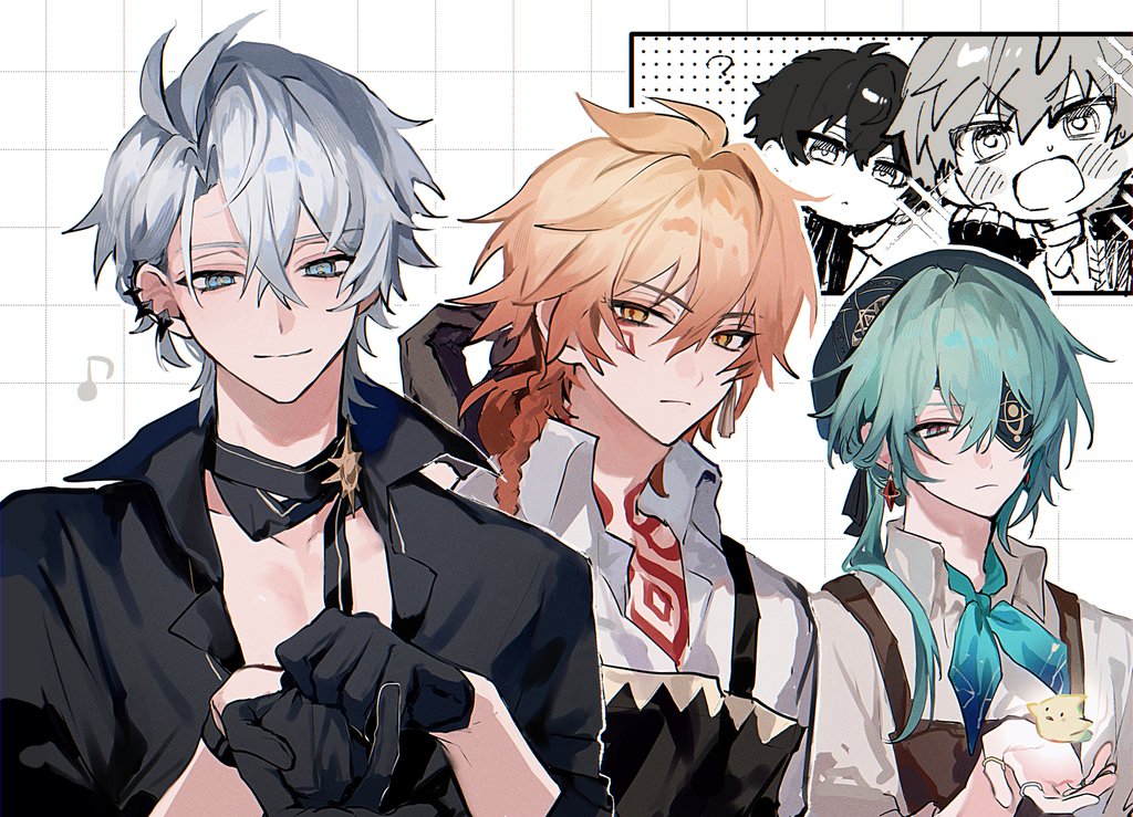 5boys ? adjusting_clothes adjusting_gloves anaxa_(honkai:_star_rail) anaxa_(ingenuity)_(honkai:_star_rail) apron aqua_hair aqua_neckerchief bird black_gloves black_hat black_shirt braid brown_apron caelus_(honkai:_star_rail) chibi closed_mouth dan_heng_(honkai:_star_rail) dan_heng_(hunt)_(honkai:_star_rail) earclip er_ra63 eyepatch gloves grey_hair hair_between_eyes half-closed_eyes hat honkai:_star_rail honkai_(series) male_focus medium_hair multiple_boys musical_note mydei_(honkai:_star_rail) neckerchief official_alternate_costume orange_hair parted_bangs phainon_(fashion)_(honkai:_star_rail) phainon_(honkai:_star_rail) red_tattoo shirt short_hair smile trailblazer_(honkai:_star_rail) upper_body white_shirt