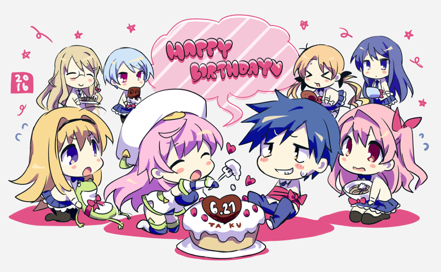 &gt;_&lt; 1boy 6+girls ahoge aoi_sena black_pantyhose black_ribbon blonde_hair blue_hair blue_pants blue_skirt blush bound bow bowl bowtie cake chaos;head chibi closed_eyes detached_sleeves feeding food fork gero-froggy gift gloves grey_background happy_birthday hat headband heart jacket kishimoto_ayase kusunoki_yua light_blue_hair long_hair mamimu_(ma-mi-mu.me) multiple_girls nishijou_nanami nishijou_takumi open_mouth orihara_kozue pants pantyhose pink_eyes pink_hair pleated_skirt purple_eyes red_eyes red_ribbon ribbon sakihata_rimi school_uniform seira_orgel short_hair sitting skirt standing star_(symbol) surprised sweat sweatdrop teeth text_focus thighhighs tied_up_(nonsexual)