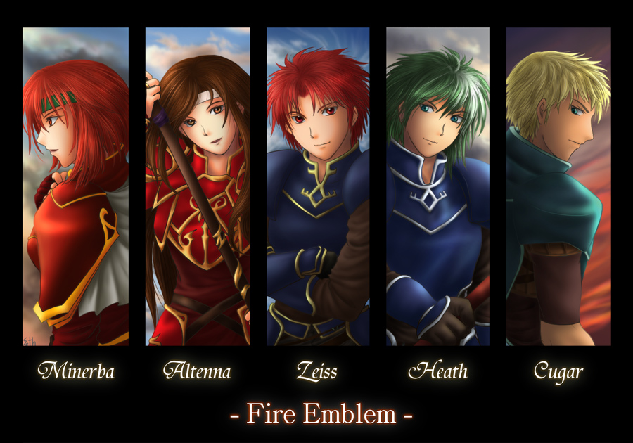 2girls 3boys altena_(fire_emblem) armor bad_id bad_pixiv_id blonde_hair brown_eyes brown_hair capelet character_name copyright_name cormag_(fire_emblem) fire_emblem fire_emblem:_genealogy_of_the_holy_war fire_emblem:_mystery_of_the_emblem fire_emblem:_the_binding_blade fire_emblem:_the_blazing_blade fire_emblem:_the_sacred_stones gloves green_eyes green_hair headband heath_(fire_emblem) long_hair minerva_(fire_emblem) multiple_boys multiple_girls nintendo open_mouth polearm red_eyes red_hair short_hair smile spear ventisca weapon zeiss_(fire_emblem)