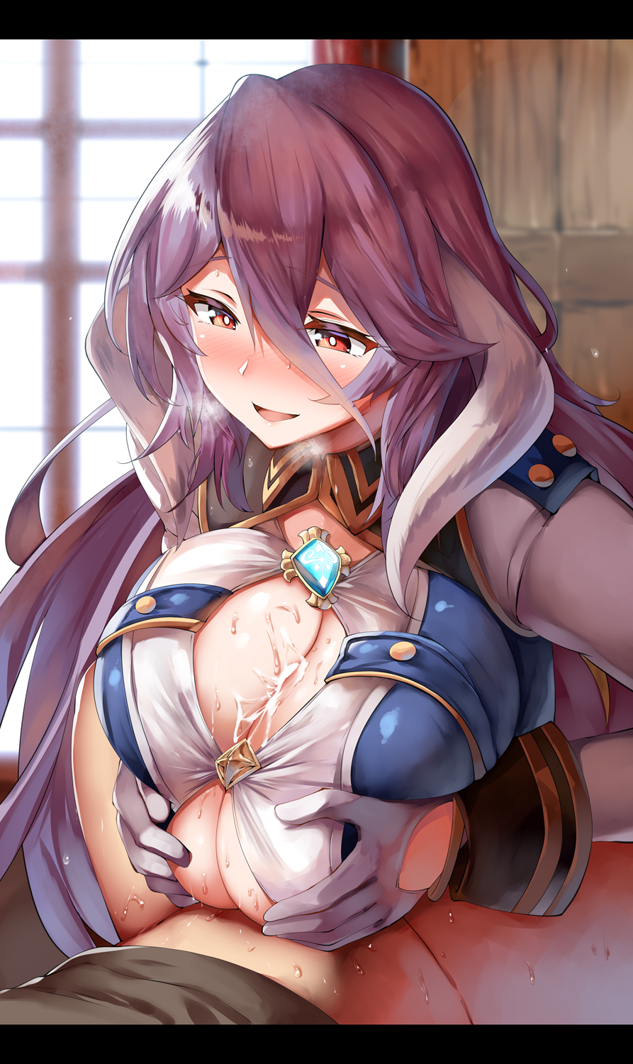 1boy 1girl bad_id bad_pixiv_id belko blush breasts breasts_squeezed_together cleavage cleavage_cutout clothing_cutout cum cum_on_body cum_on_breasts cum_on_upper_body freischutz_(phantom_of_the_kill) gloves hair_between_eyes hetero highres huge_breasts jewelry light_purple_hair long_hair long_sleeves looking_at_viewer open_mouth paizuri paizuri_under_clothes pendant phantom_of_the_kill red_eyes shirt smile sweat white_gloves white_shirt