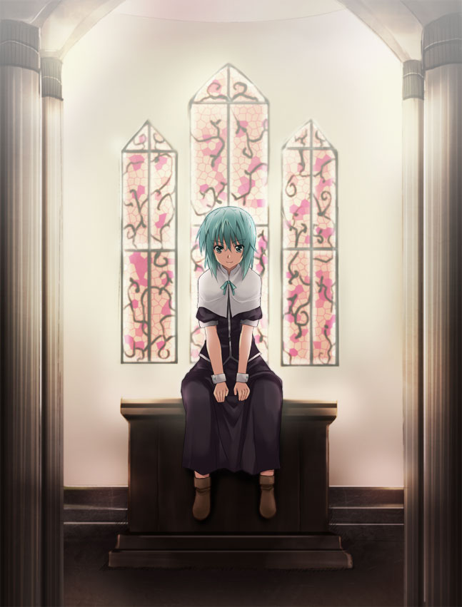 00s 1girl bad_id bad_pixiv_id blue_eyes blue_hair church desk eyebrows female_focus lyrical_nanoha mahou_shoujo_lyrical_nanoha mahou_shoujo_lyrical_nanoha_strikers matching_hair/eyes numbers_(nanoha) nun on_desk sein_(nanoha) short_hair sitting solo stained_glass window yokoyama_kouji