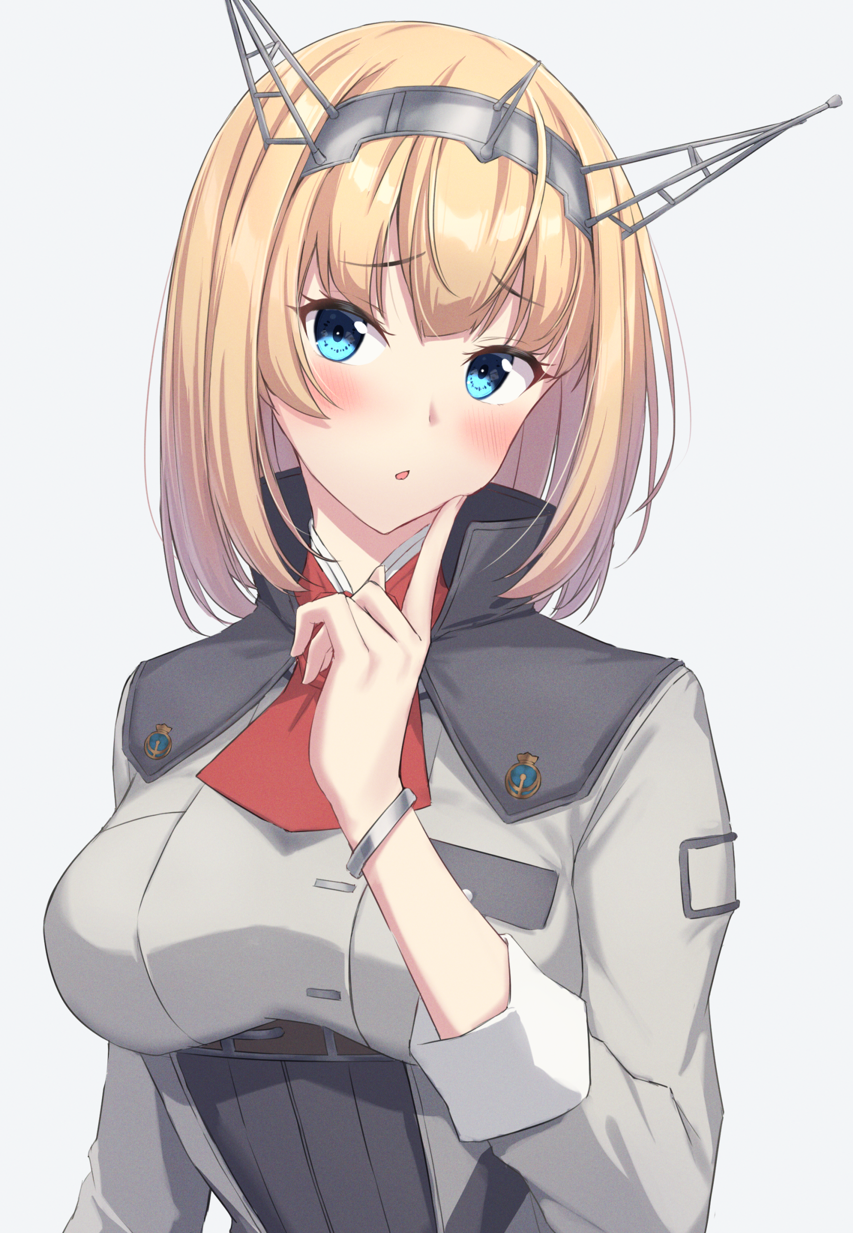 1girl absurdres ascot blonde_hair blue_eyes blush breasts grey_background headgear highres kantai_collection large_breasts long_sleeves medium_hair monoku parted_lips red_ascot rodney_(kancolle) simple_background solo upper_body white_background