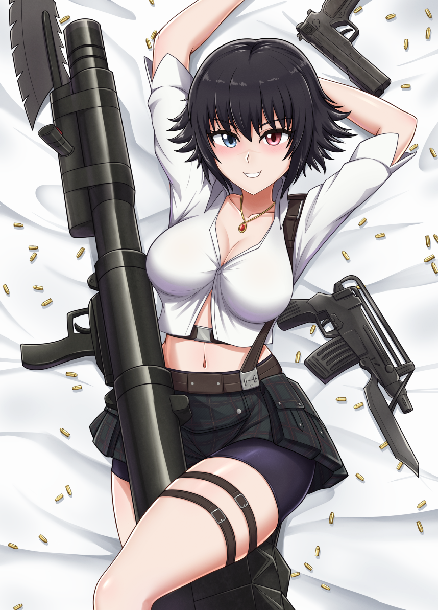 1girl bike_shorts black_hair breasts bullet canadiananiguy cleavage dakimakura_(medium) devil_may_cry devil_may_cry_(series) devil_may_cry_3 gun heterochromia jewelry kalina_ann_(weapon) lady_(devil_may_cry) looking_at_viewer lying midriff navel necklace on_back rocket_launcher shirt short_hair smile submachine_gun thigh_strap weapon weapon_between_legs white_shirt