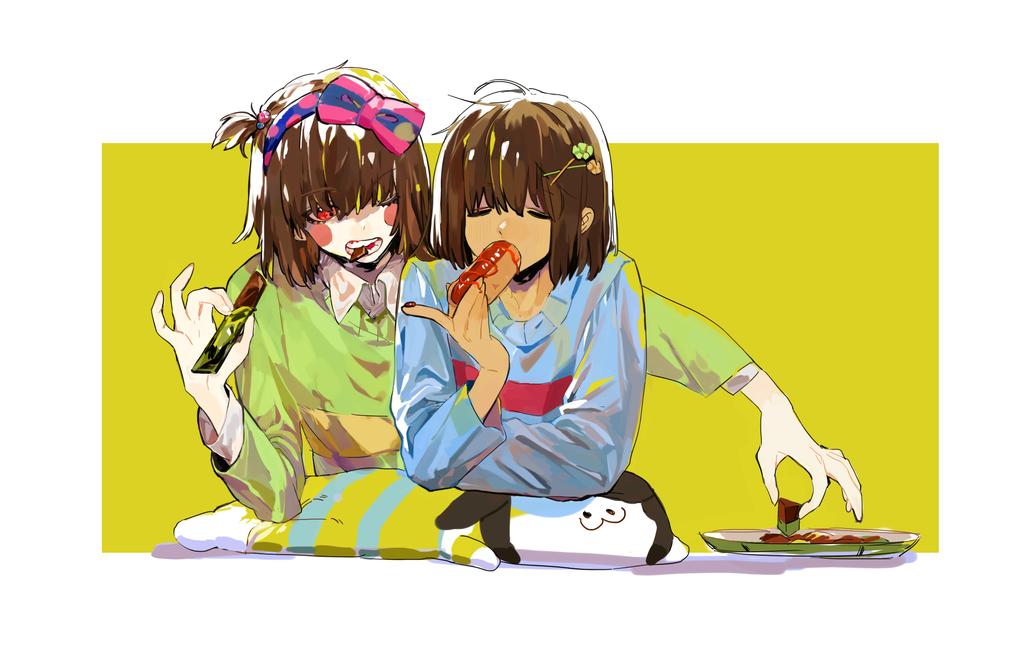 2others ahoge androgynous arm_rest blue_hairband blue_sweater blush_stickers border bow_hairband brown_hair chara_(undertale) child closed_eyes colored_skin eating elbow_rest facing_viewer flower food food_in_mouth frisk_(undertale) green_sweater hair_flower hair_ornament hairband hairpin holding holding_food hot_dog lantern_madoyoi multiple_others one_eye_closed one_side_up other_focus outside_border plate red_eyes short_hair simple_background sweater teeth temmie undertale upper_body white_border white_skin yellow_background