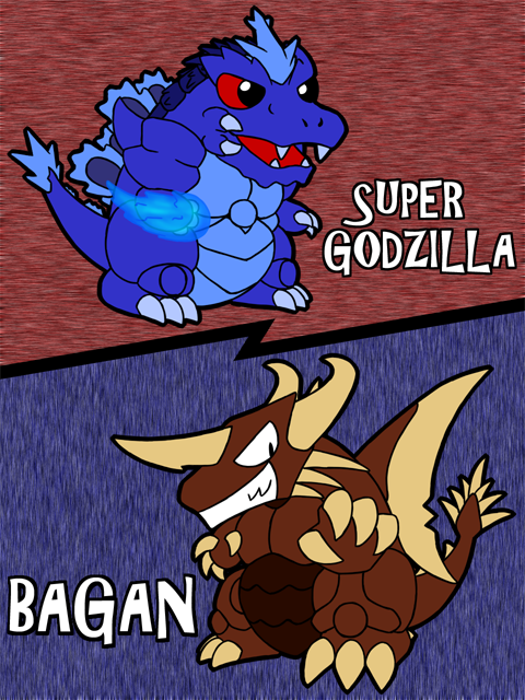 advance_communication_company bagan chibi dinosaur energy energy_fist giant giant_monster glowing_fist godzilla godzilla_(series) irom_(vtad) kaiju monster muscular muscular_male plasma spiked_tail spikes super_godzilla super_godzilla_(character) tail toho